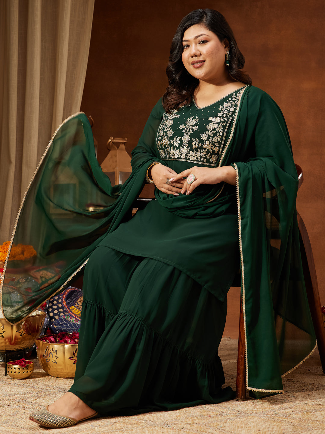 Ninnique Women's Plus Size Dark Green Georgette Zari Embroidered Straight Kurti With Sharara & Dupatta Set