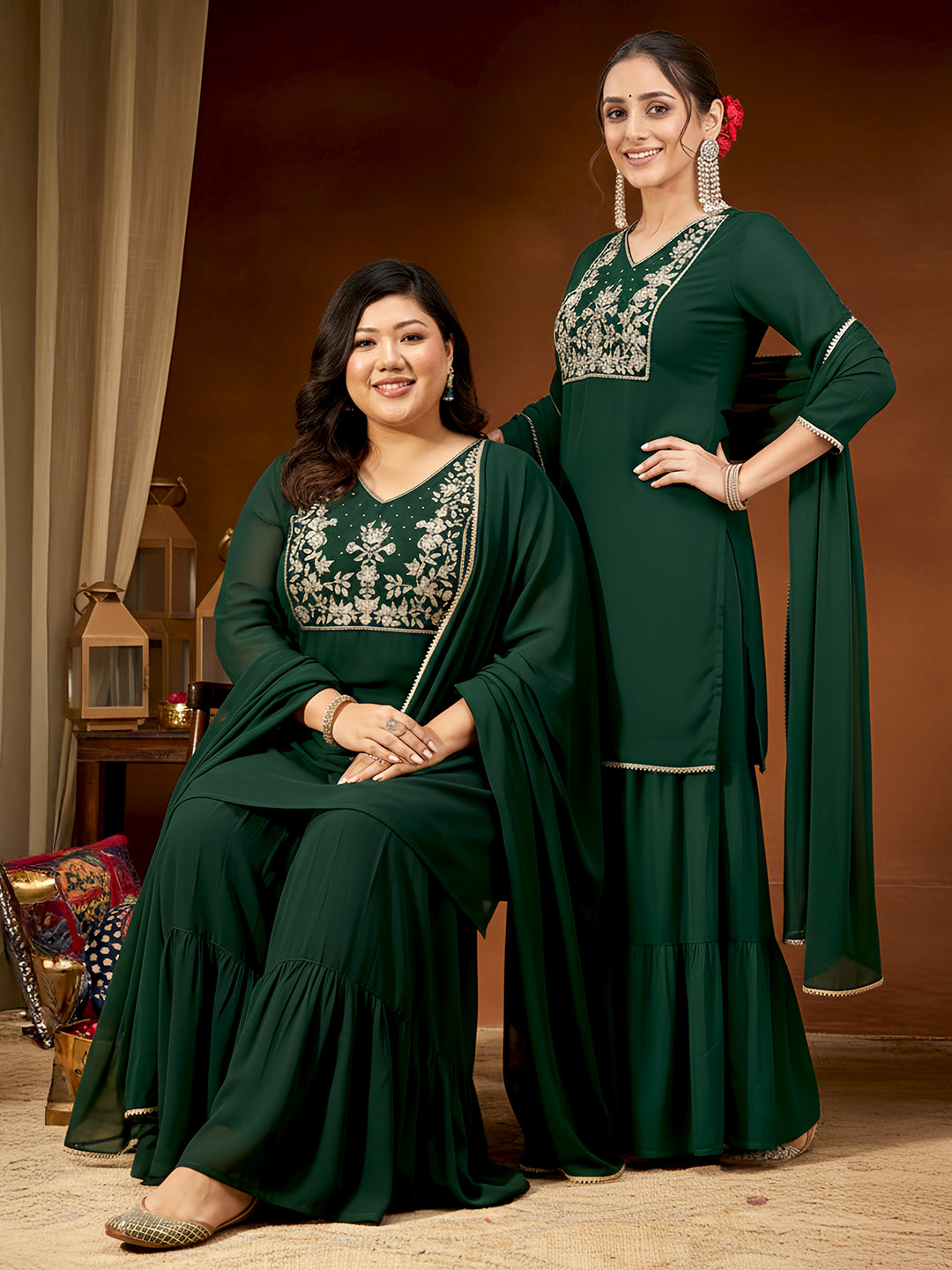 Ninnique Women's Dark Green Georgette Zari Embroidered Straight Kurta With Palazzo & Dupatta Set