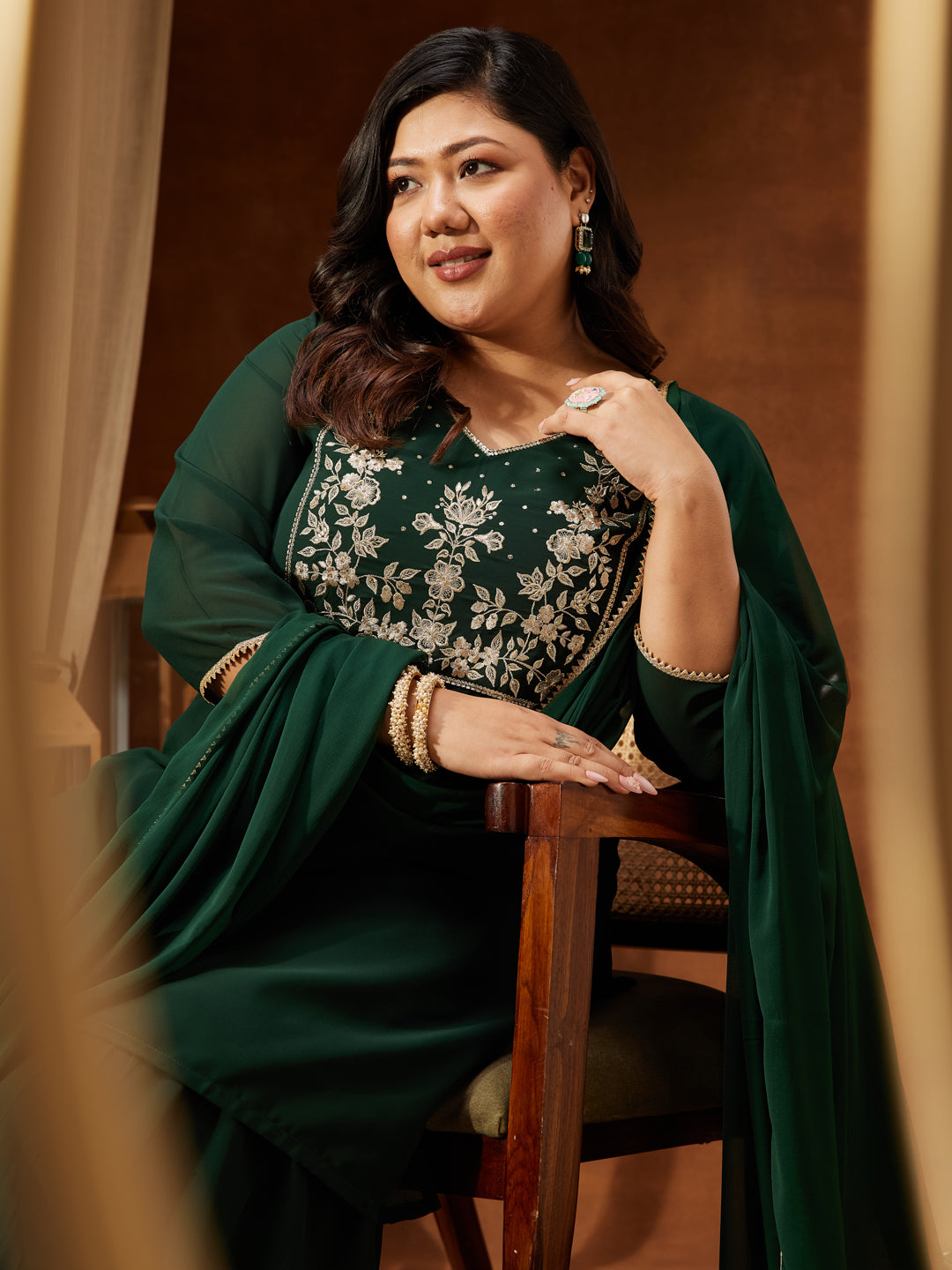 Ninnique Women's Plus Size Dark Green Georgette Zari Embroidered Straight Kurti With Sharara & Dupatta Set
