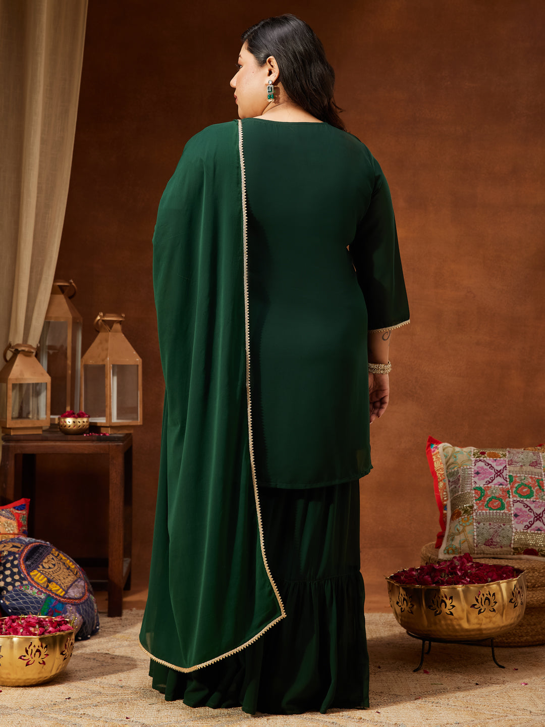 Ninnique Women's Plus Size Dark Green Georgette Zari Embroidered Straight Kurti With Sharara & Dupatta Set