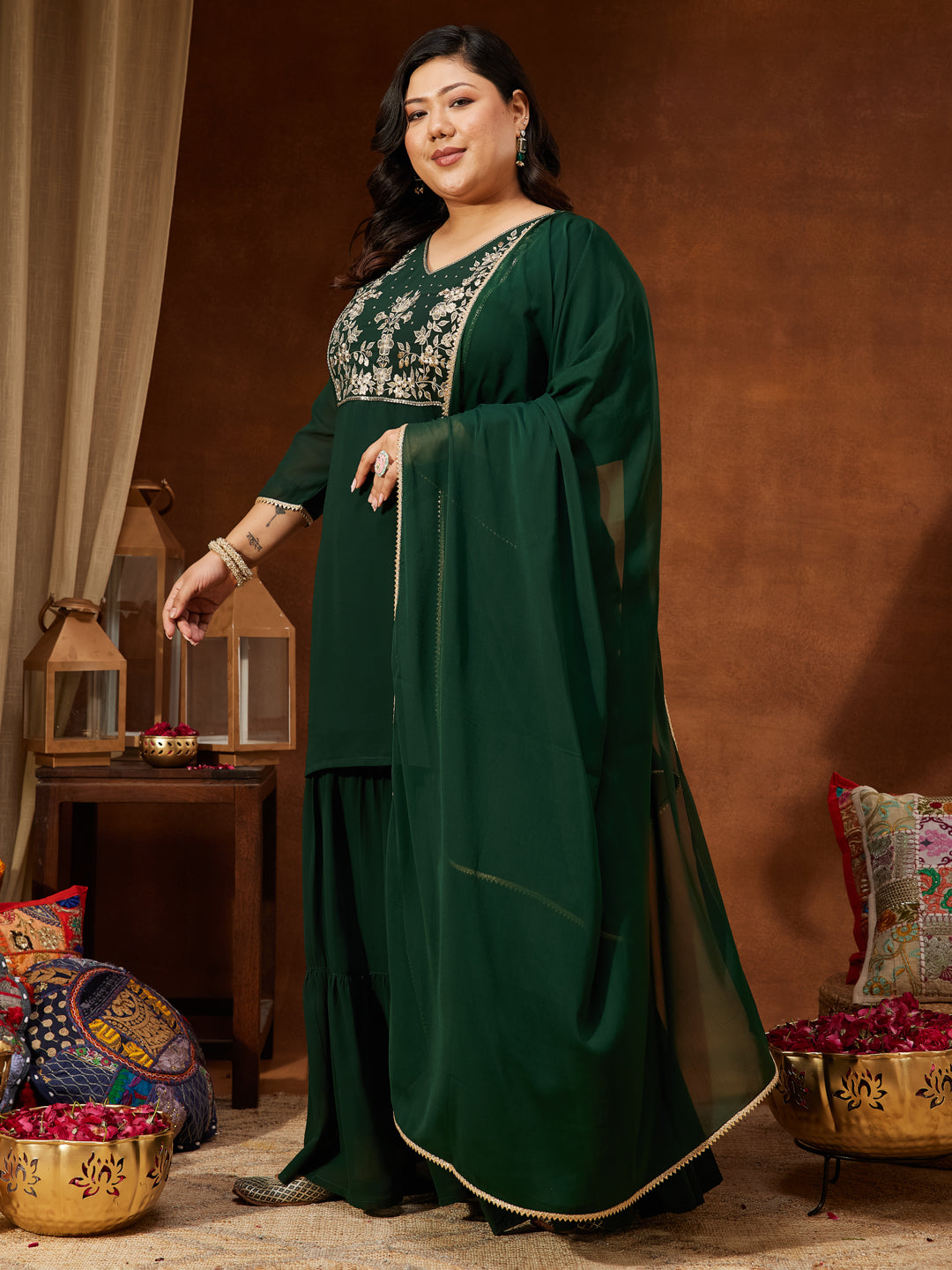 Ninnique Women's Plus Size Dark Green Georgette Zari Embroidered Straight Kurti With Sharara & Dupatta Set