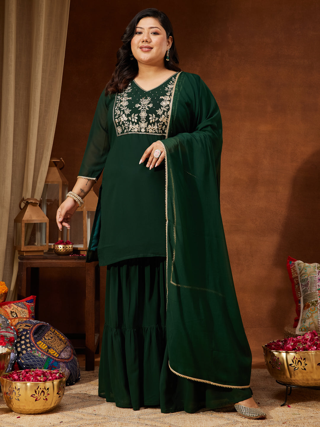 Ninnique Women's Plus Size Dark Green Georgette Zari Embroidered Straight Kurti With Sharara & Dupatta Set