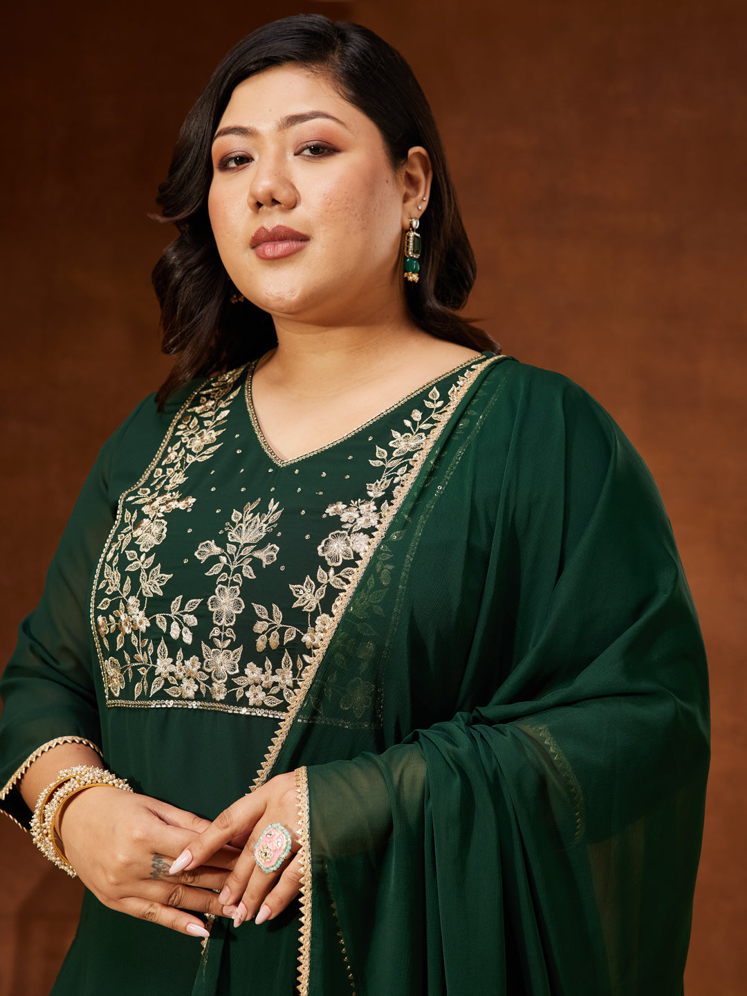 Ninnique Women's Plus Size Dark Green Georgette Zari Embroidered Straight Kurti With Sharara & Dupatta Set