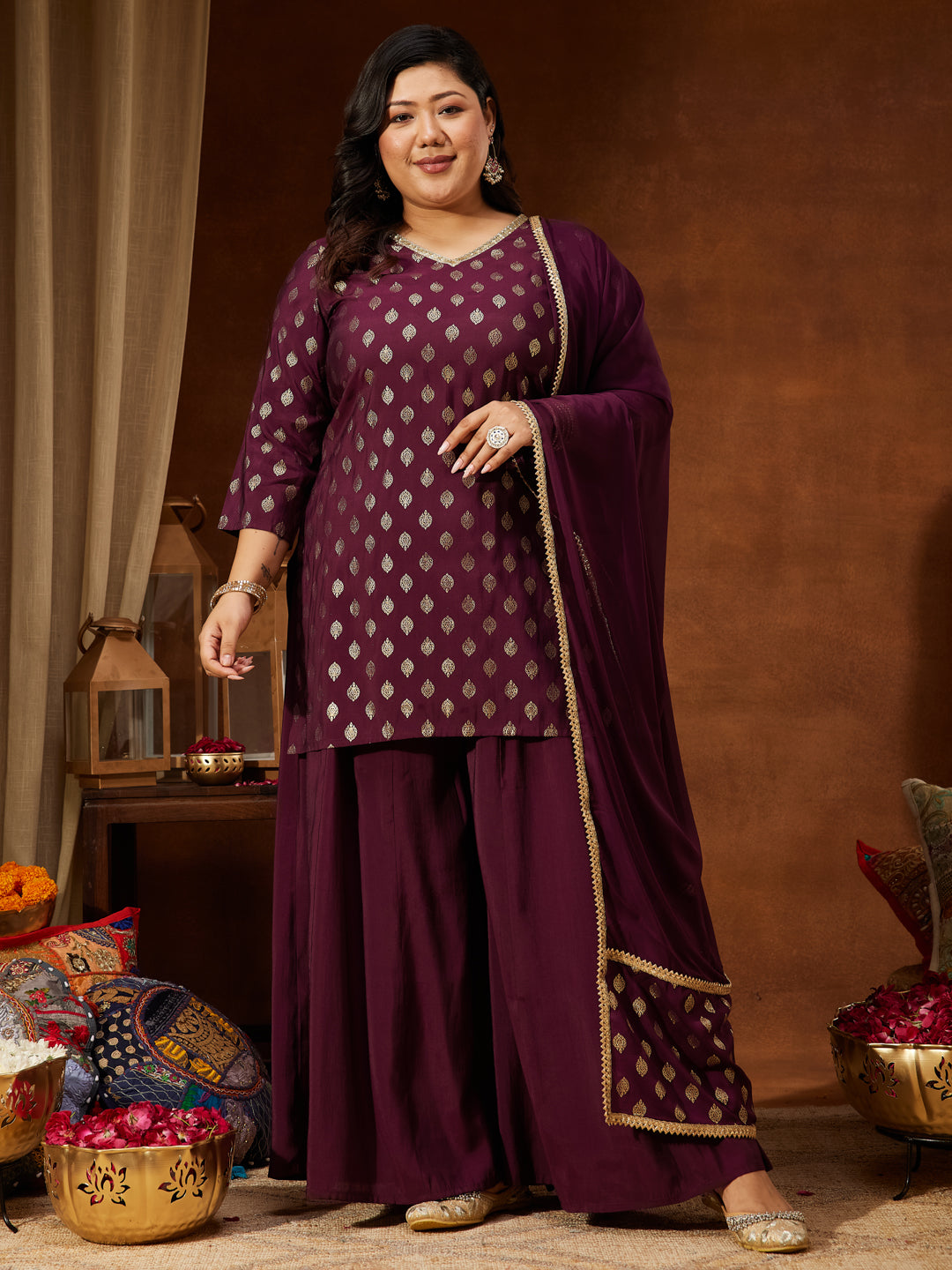 Ninnique Women's Plus Size Wine Chanderi Silk Embellished Gold Printed Straight Kurta With Sharara & Dupatta Set