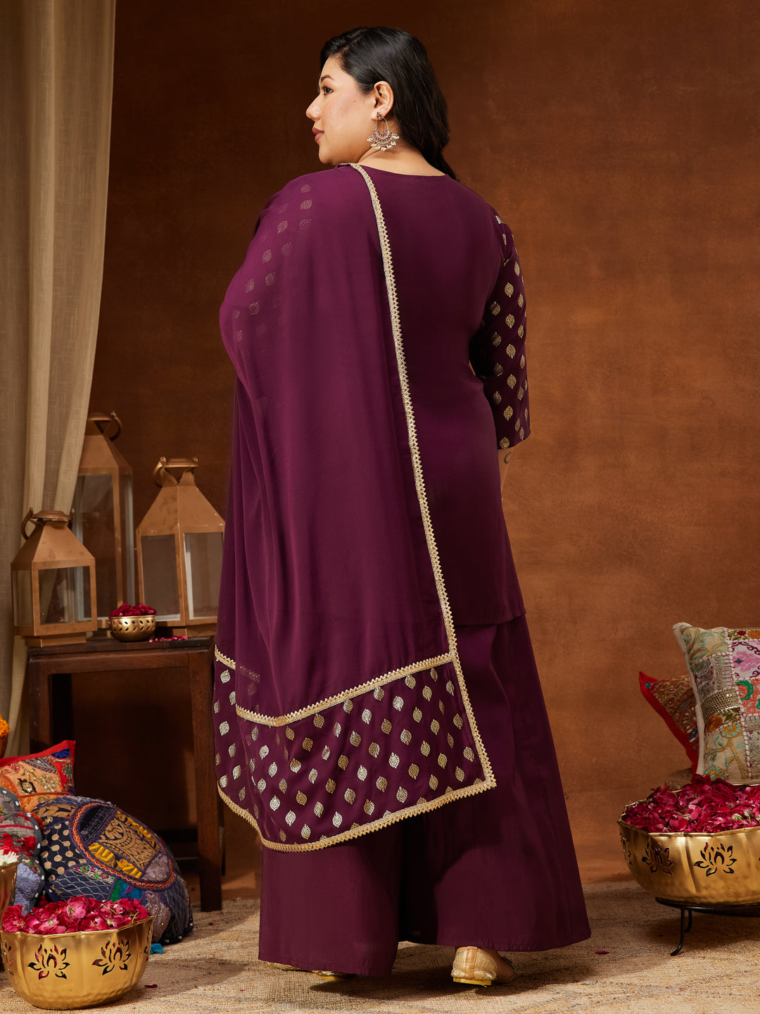 Ninnique Women's Plus Size Wine Chanderi Silk Embellished Gold Printed Straight Kurta With Sharara & Dupatta Set