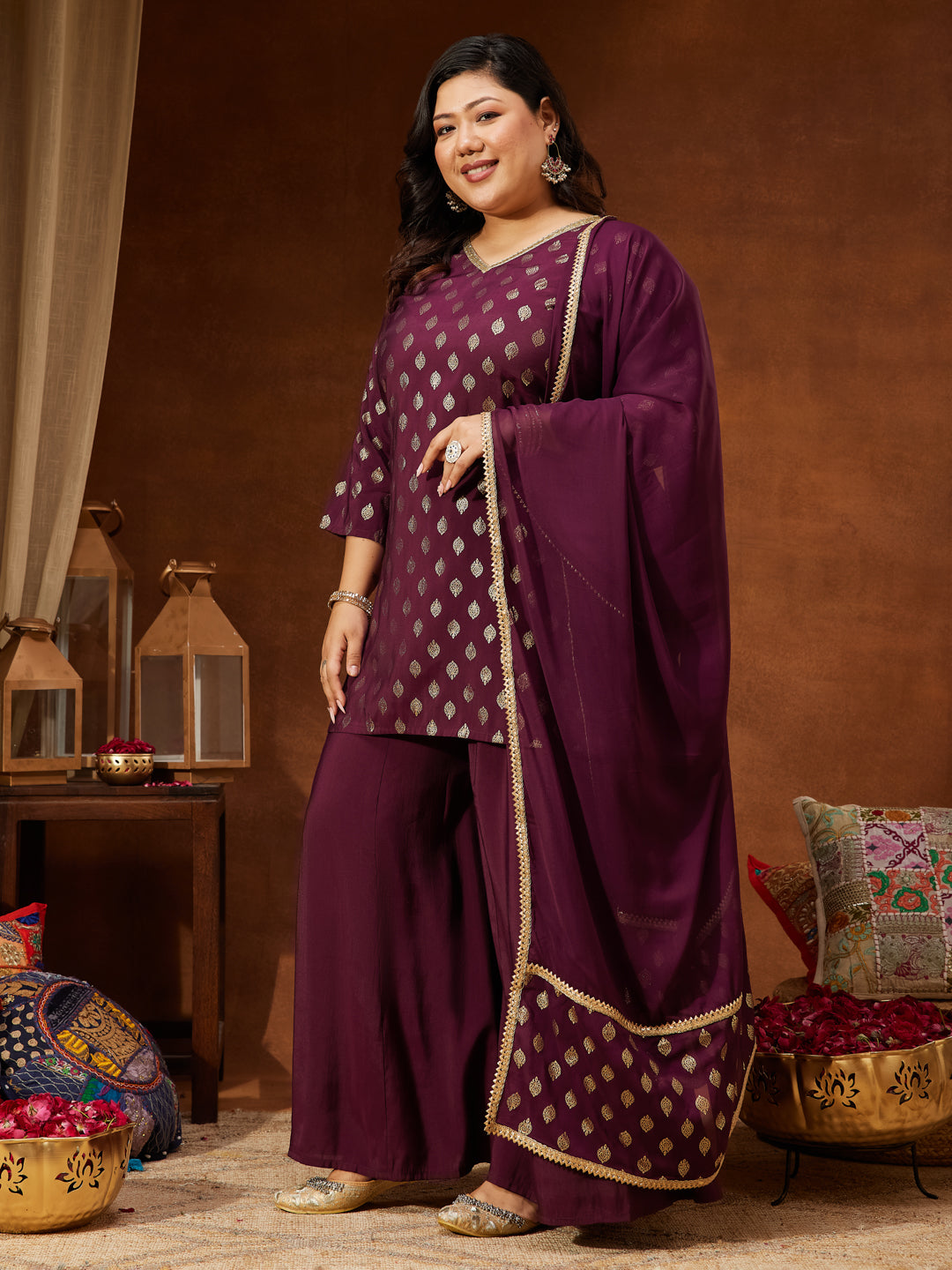 Ninnique Women's Plus Size Wine Chanderi Silk Embellished Gold Printed Straight Kurta With Sharara & Dupatta Set