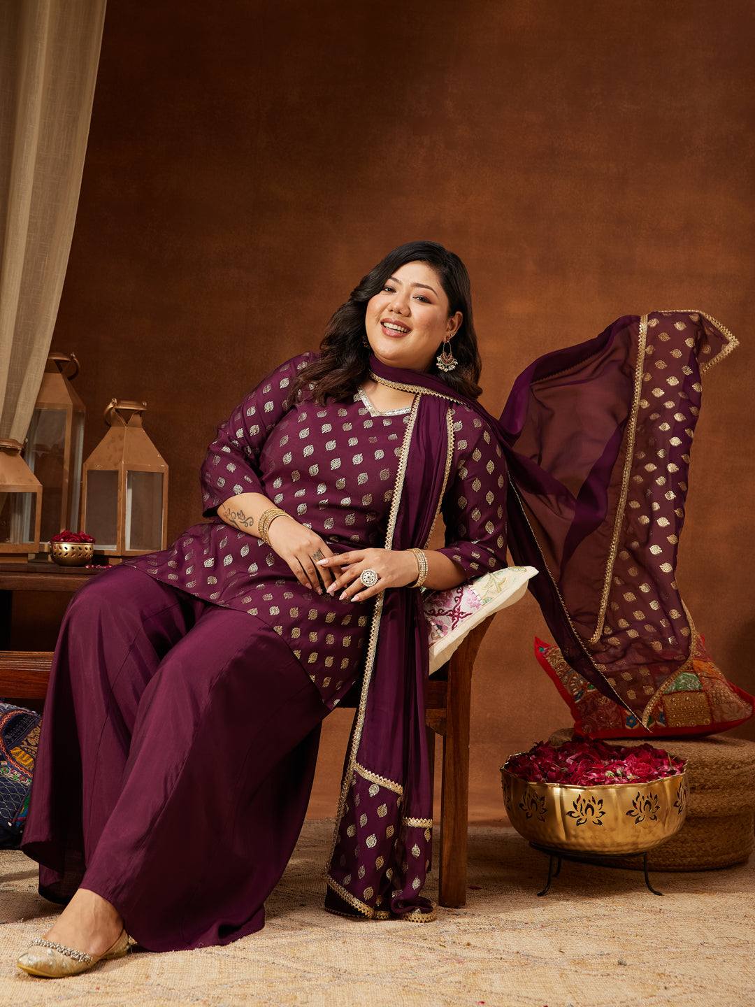 Ninnique Women's Plus Size Wine Chanderi Silk Embellished Gold Printed Straight Kurta With Sharara & Dupatta Set