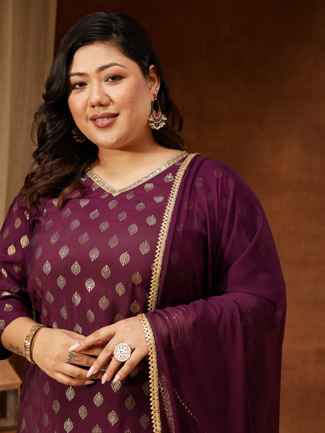 Ninnique Women's Plus Size Wine Chanderi Silk Embellished Gold Printed Straight Kurta With Sharara & Dupatta Set