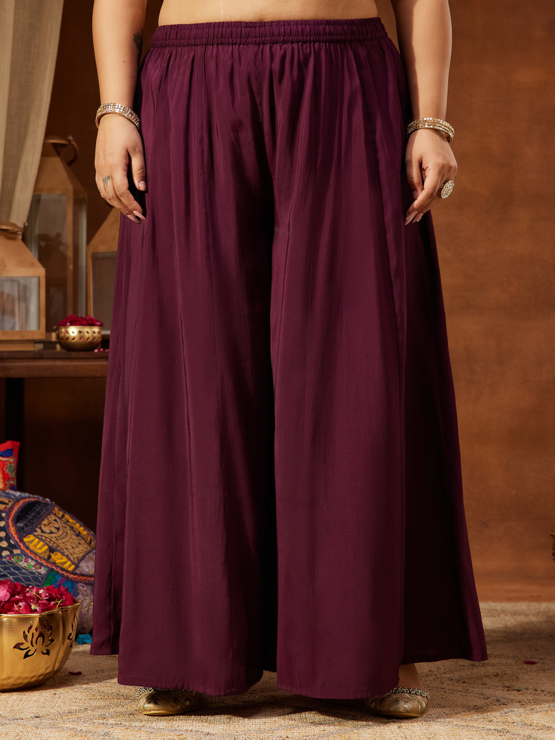 Ninnique Women's Plus Size Wine Chanderi Silk Embellished Gold Printed Straight Kurta With Sharara & Dupatta Set