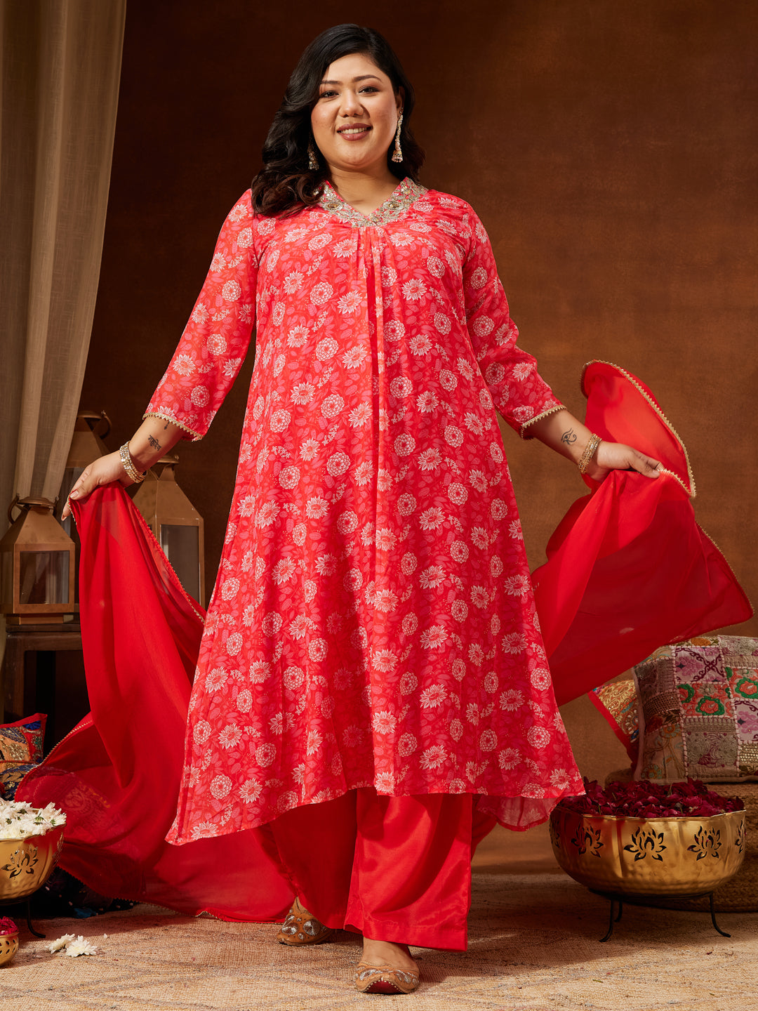 Ninnique Women's Plus Size Red Georgette Embellished Floral Printed A-line Kurta Set