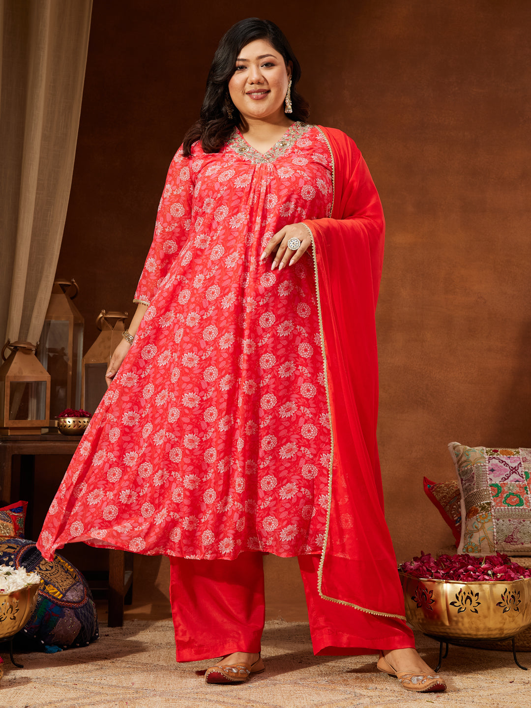 Ninnique Women's Plus Size Red Georgette Embellished Floral Printed A-line Kurta Set