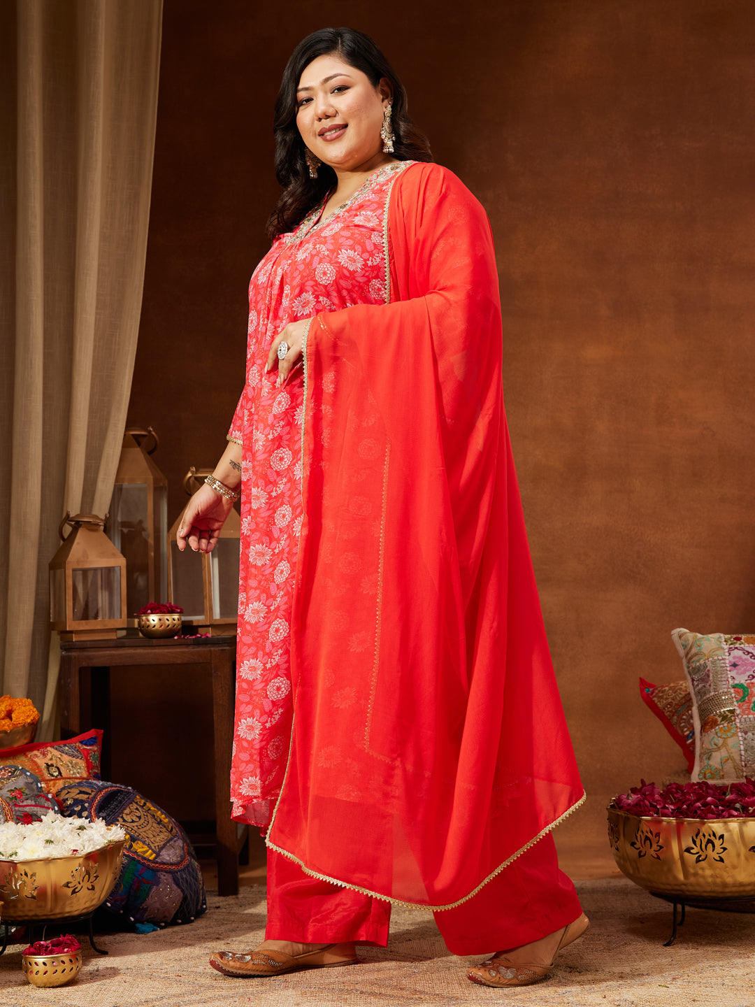 Ninnique Women's Plus Size Red Georgette Embellished Floral Printed A-line Kurta Set