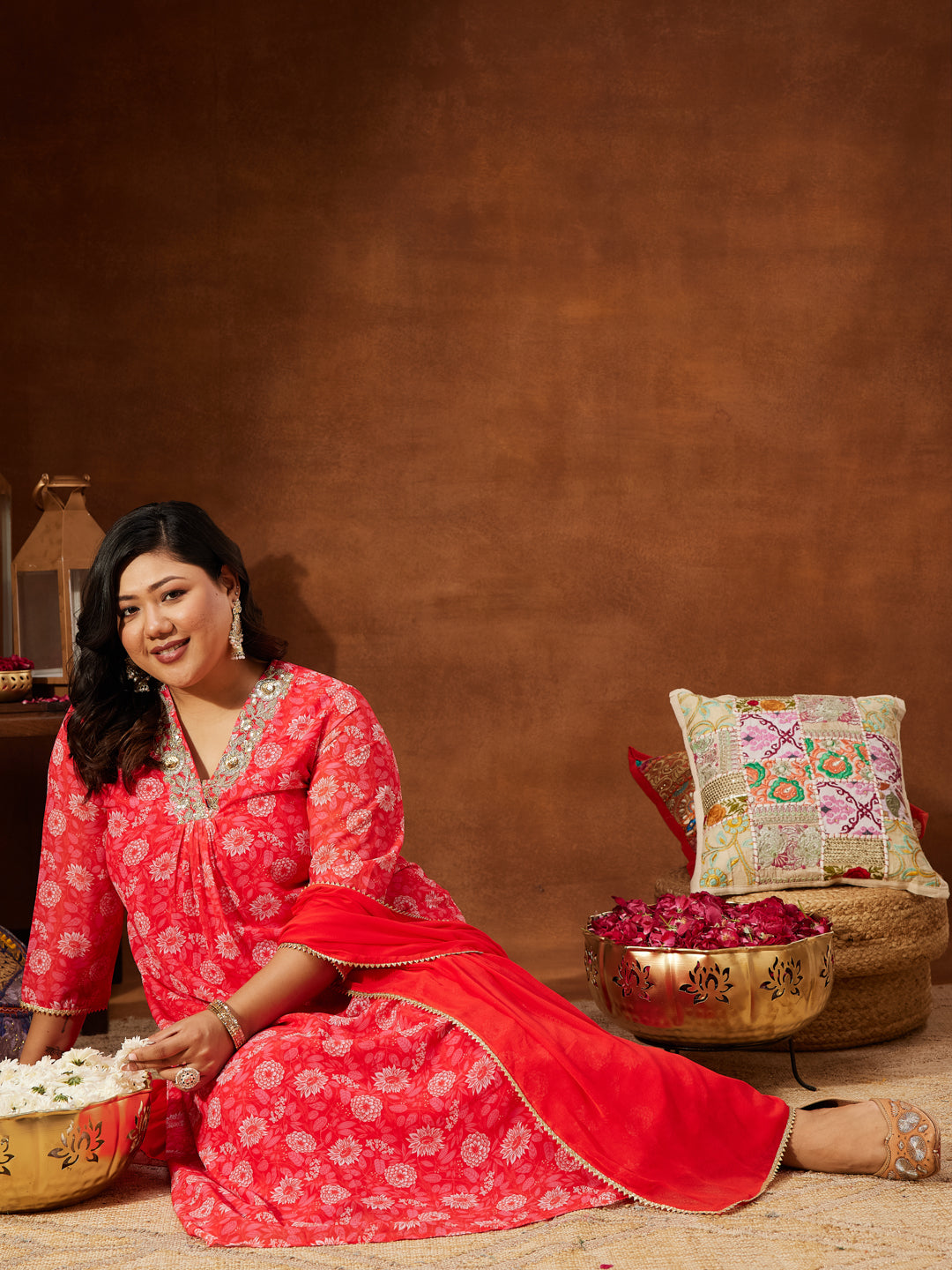 Ninnique Women's Plus Size Red Georgette Embellished Floral Printed A-line Kurta Set