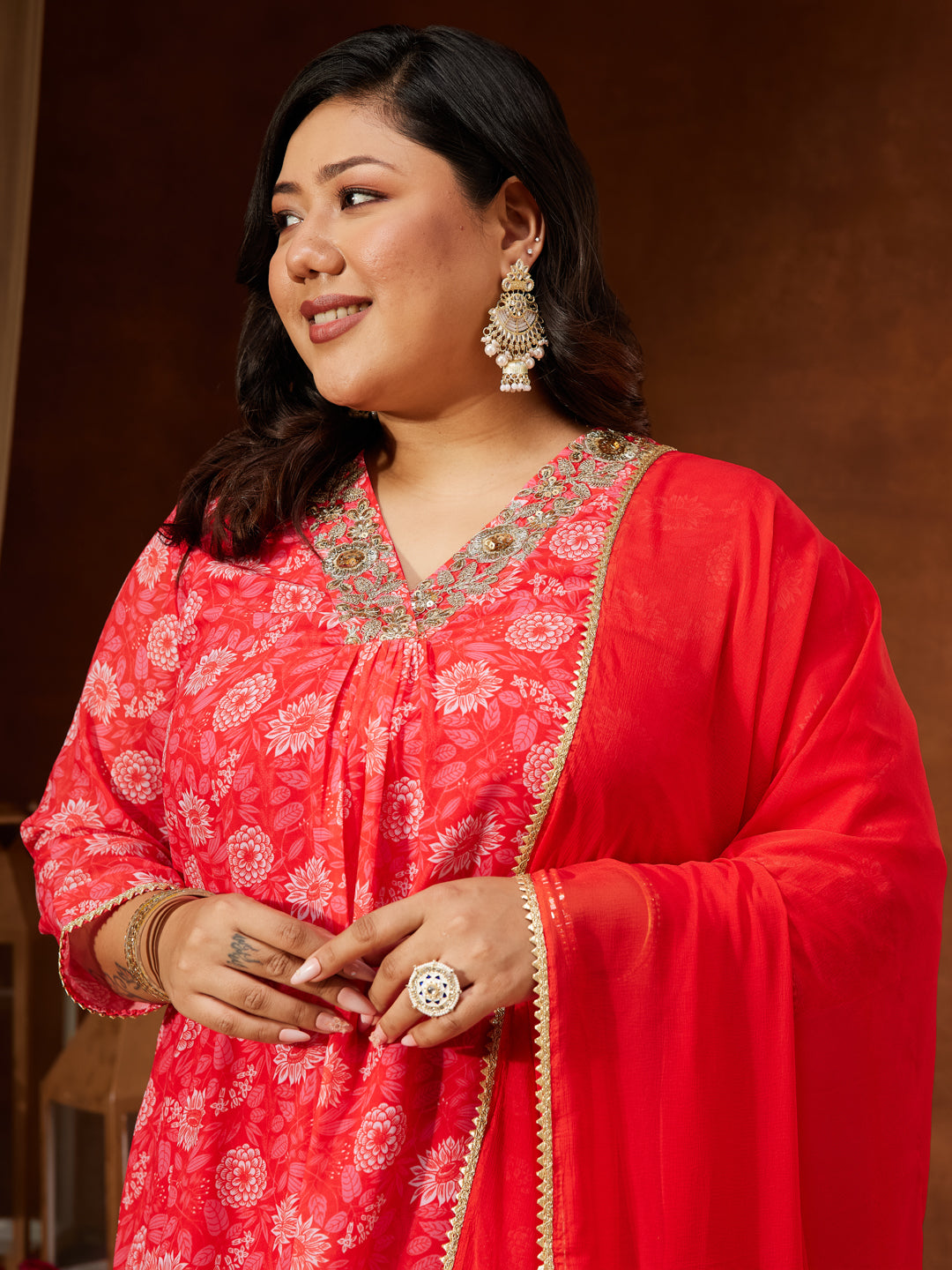 Ninnique Women's Plus Size Red Georgette Embellished Floral Printed A-line Kurta Set