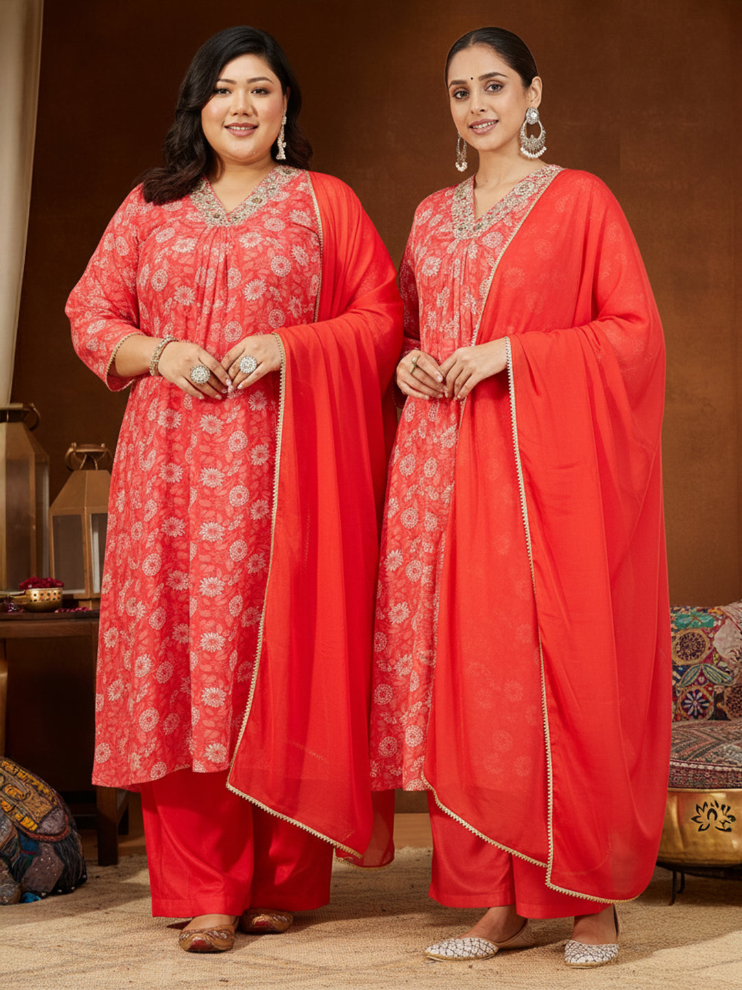 Ninnique Women's Red Georgette Embellished Floral Printed A-line Kurta Set