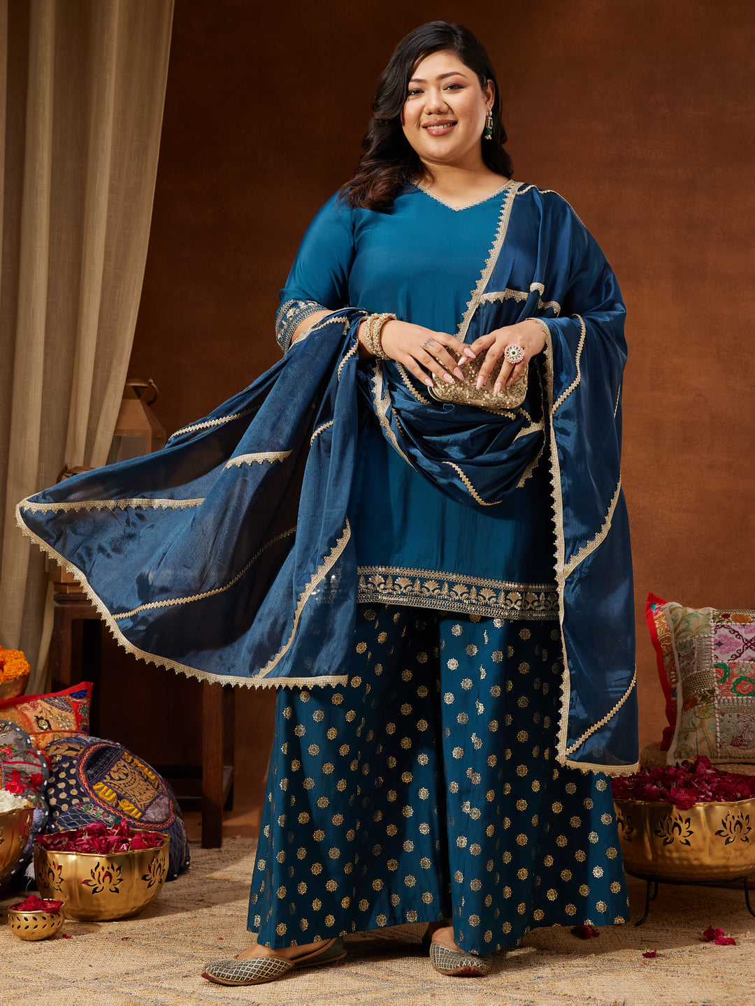 Ninnique Women's Teal Blue Chanderi Silk Embellished Straight Kurta With Palazzo & Dupatta Set