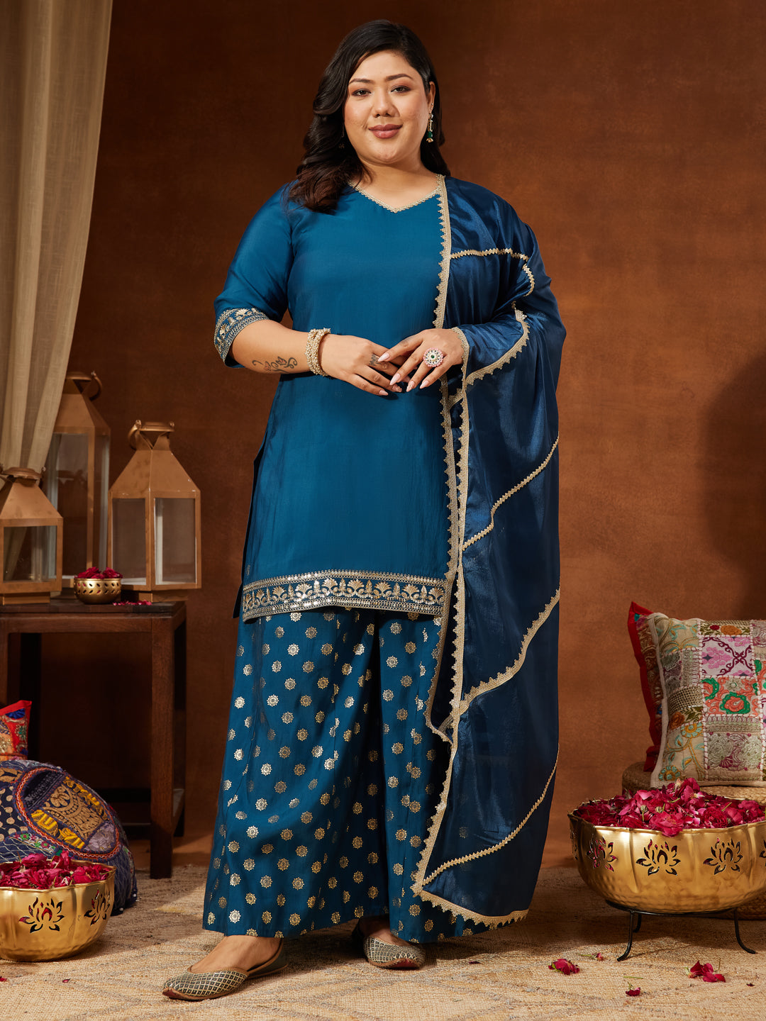 Ninnique Women's Teal Blue Chanderi Silk Embellished Straight Kurta With Palazzo & Dupatta Set