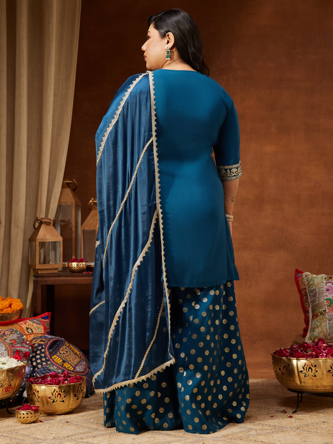 Ninnique Women's Teal Blue Chanderi Silk Embellished Straight Kurta With Palazzo & Dupatta Set