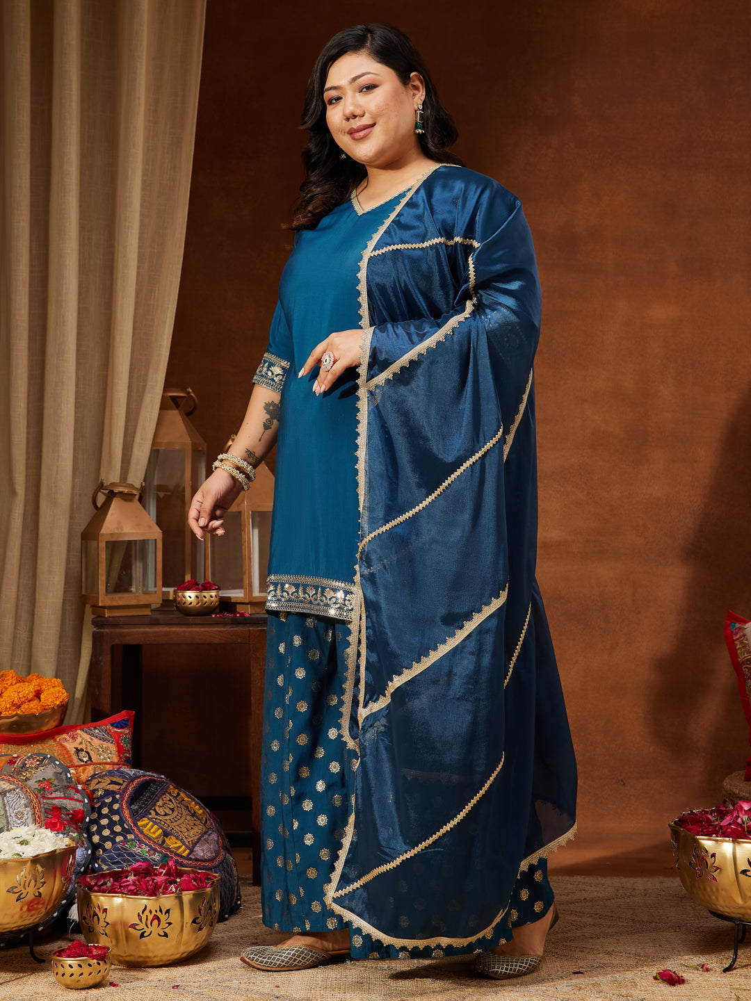 Ninnique Women's Teal Blue Chanderi Silk Embellished Straight Kurta With Palazzo & Dupatta Set