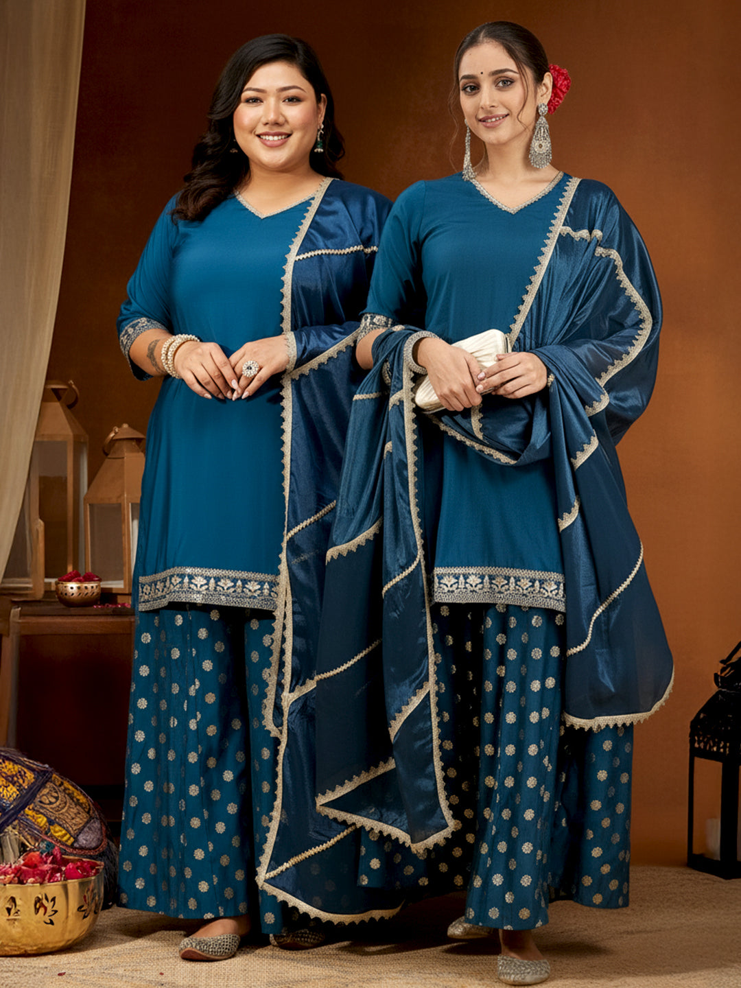 Ninnique Women's Teal Blue Chanderi Silk Embellished Straight Kurta With Palazzo & Dupatta Set