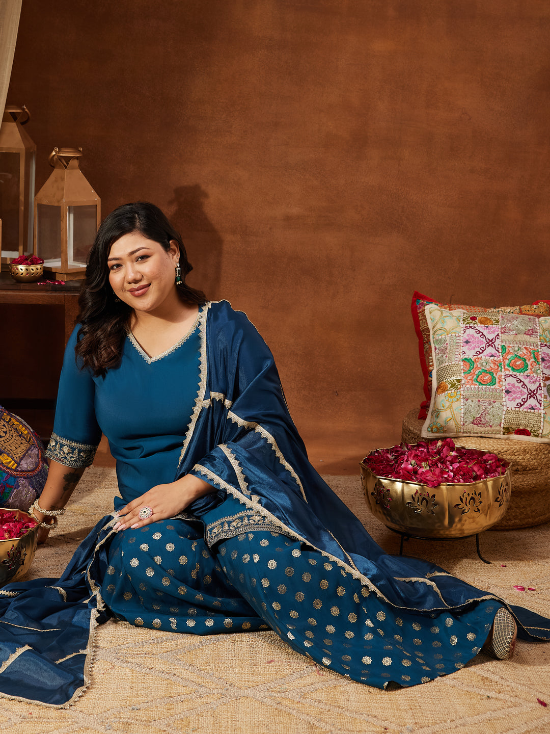 Ninnique Women's Teal Blue Chanderi Silk Embellished Straight Kurta With Palazzo & Dupatta Set