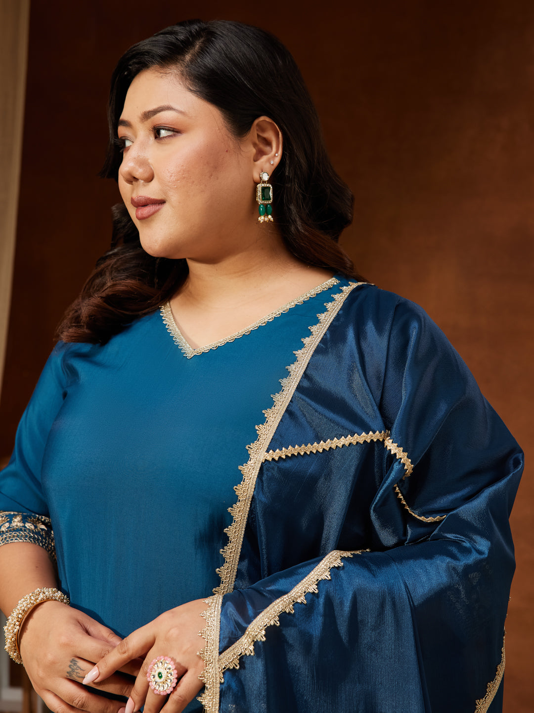 Ninnique Women's Teal Blue Chanderi Silk Embellished Straight Kurta With Palazzo & Dupatta Set