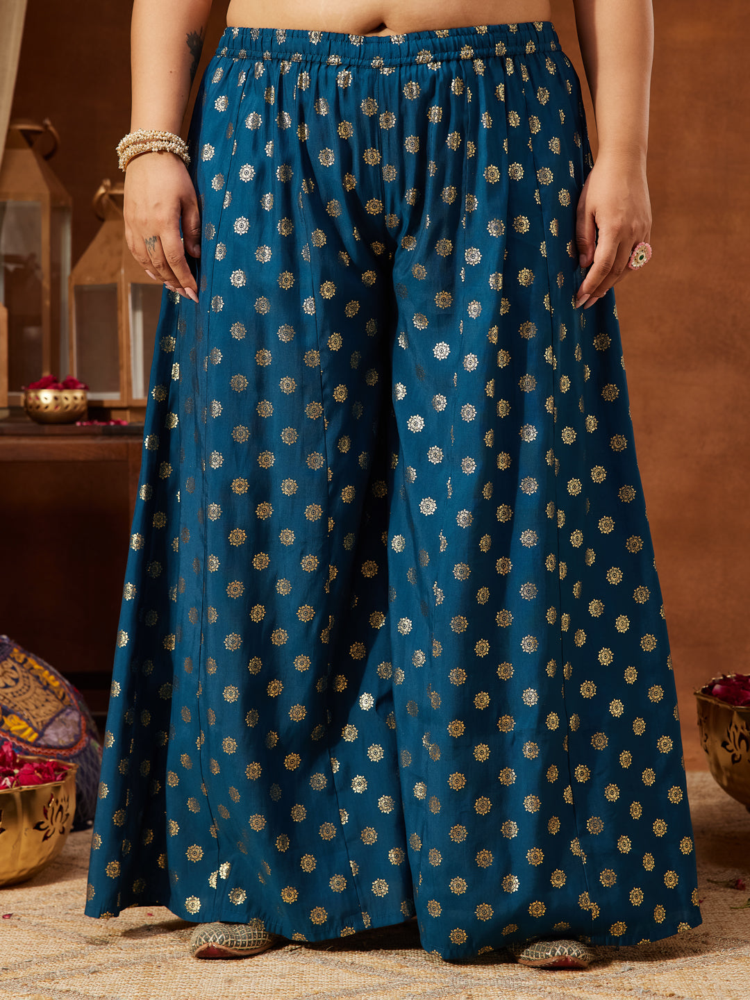 Ninnique Women's Teal Blue Chanderi Silk Embellished Straight Kurta With Palazzo & Dupatta Set