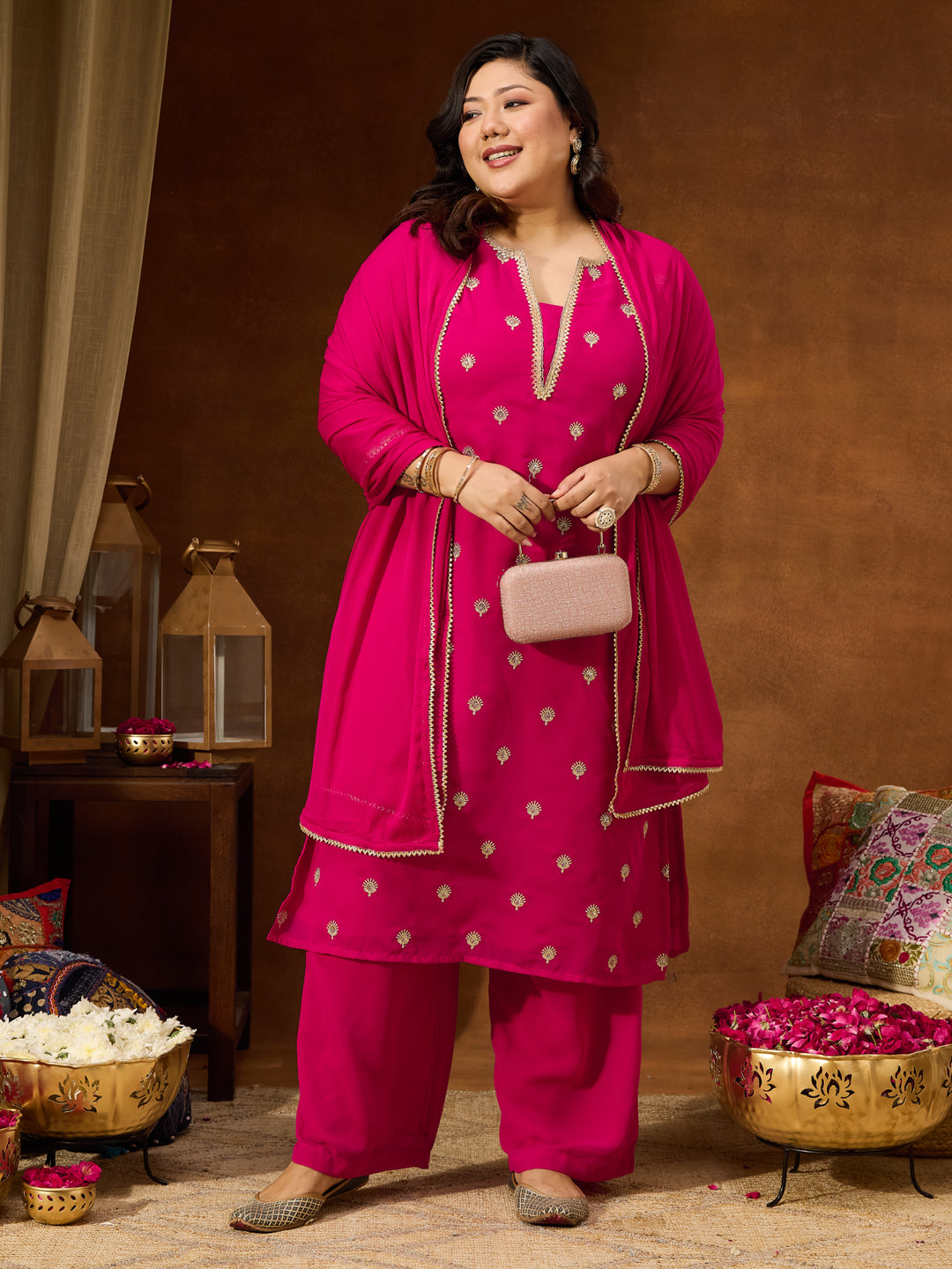 Ninnique Women's Plus Size Pink Georgette Embellished Sraight Kurta With Palazzo & Dupatta Set
