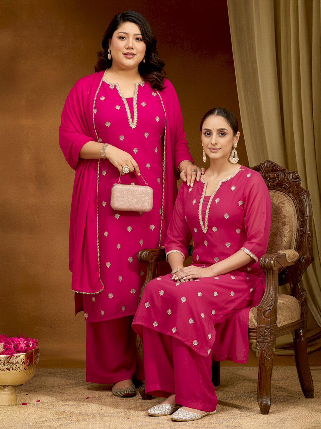 Ninnique Women's Pink Georgette Embellished Straight Kurta With Palazzo Dupatta Set