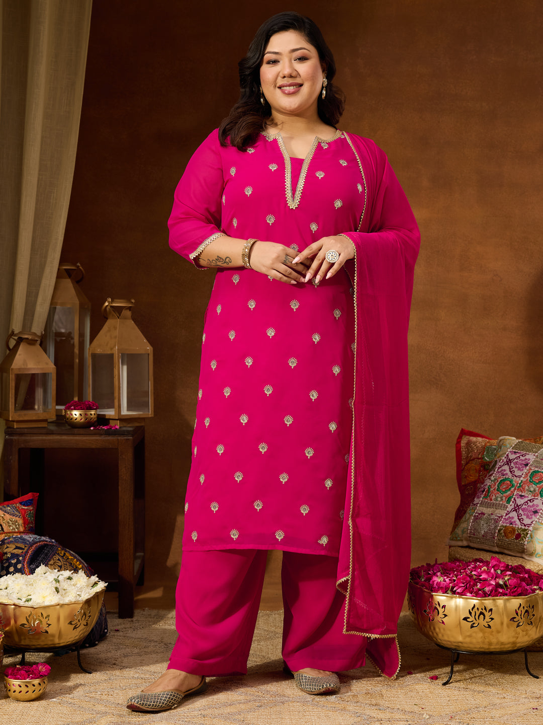Ninnique Women's Plus Size Pink Georgette Embellished Sraight Kurta With Palazzo & Dupatta Set
