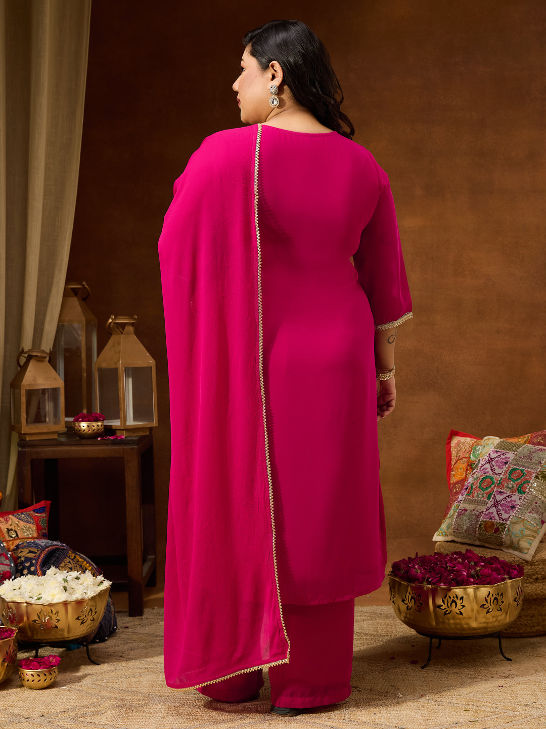 Ninnique Women's Plus Size Pink Georgette Embellished Sraight Kurta With Palazzo & Dupatta Set