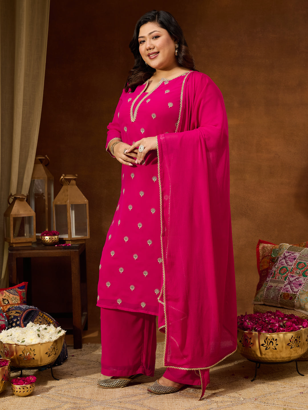 Ninnique Women's Plus Size Pink Georgette Embellished Sraight Kurta With Palazzo & Dupatta Set