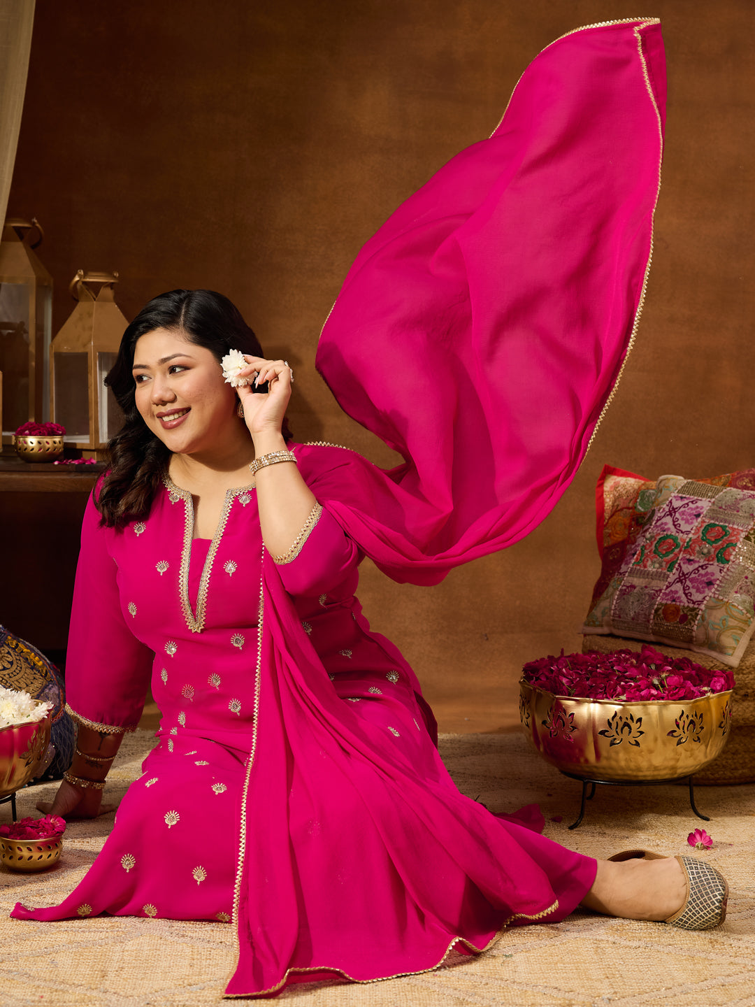 Ninnique Women's Plus Size Pink Georgette Embellished Sraight Kurta With Palazzo & Dupatta Set