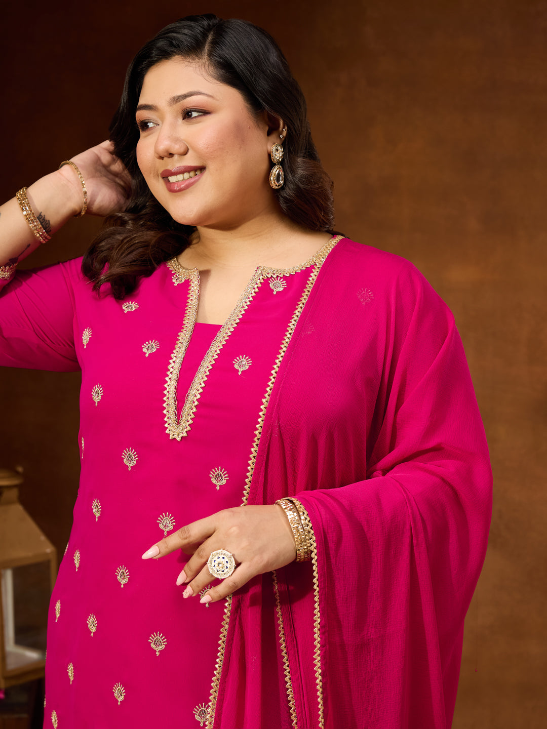 Ninnique Women's Plus Size Pink Georgette Embellished Sraight Kurta With Palazzo & Dupatta Set