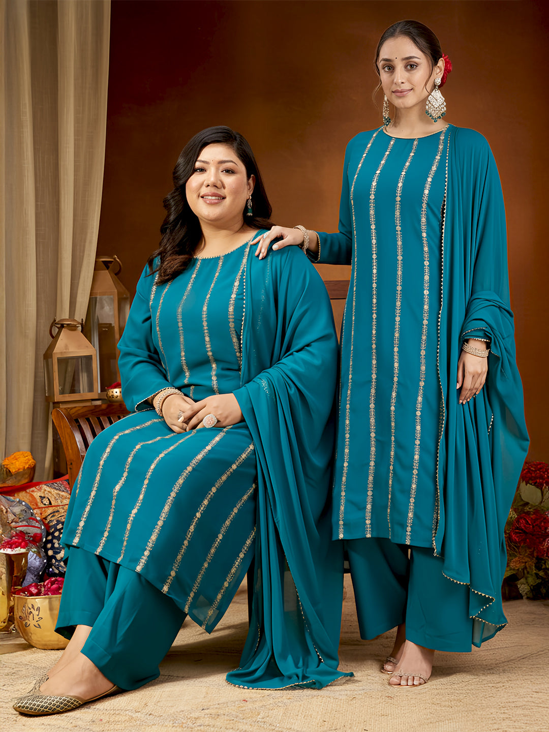 Ninnique Women's Plus Size Sea Green Georgette Embellished Straight Kurta With Palazzo & Dupatta Set