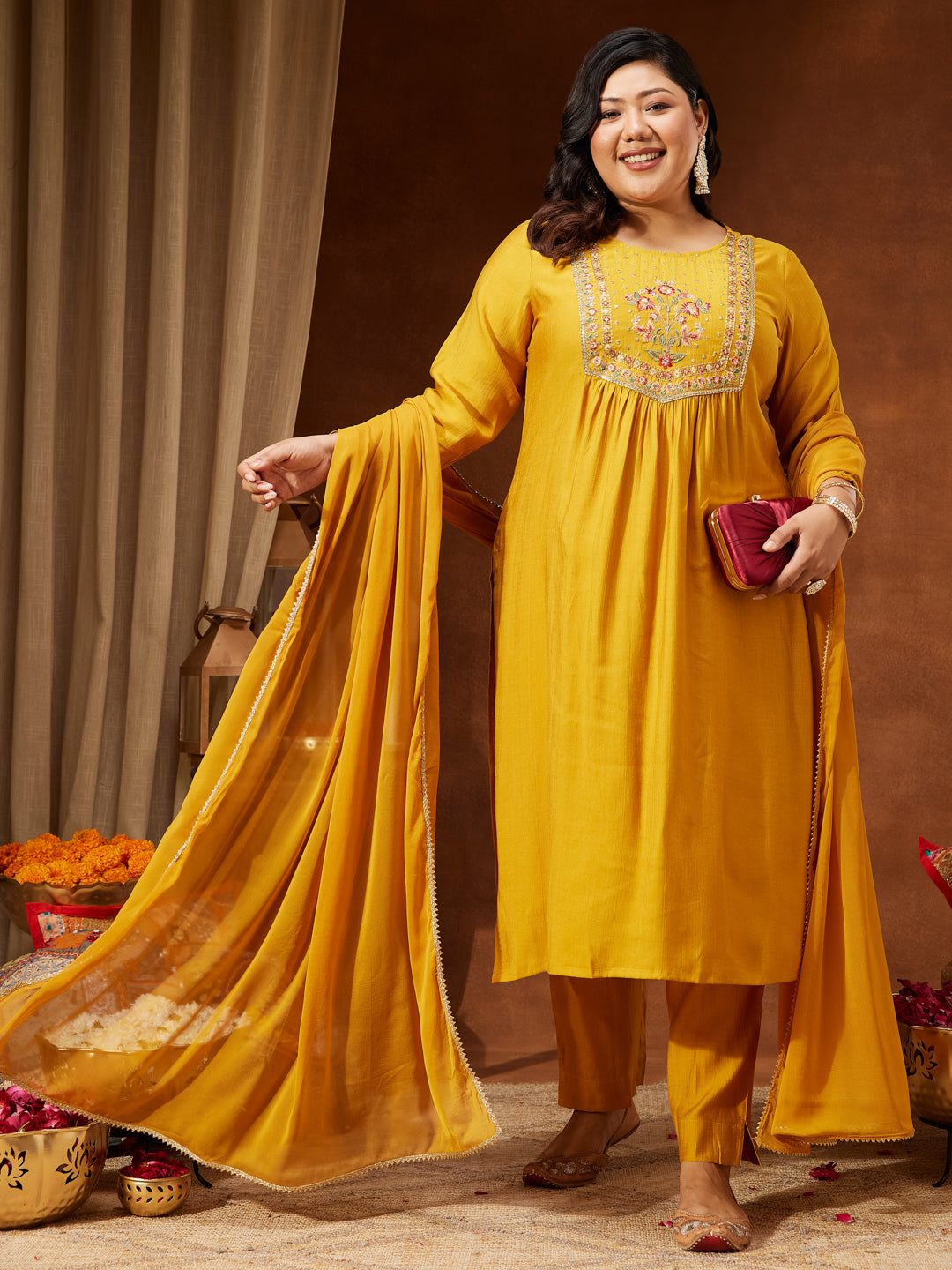 Ninnique Women's Plus Size Mustard Silk Blend Embroidered Straight Kurta Set
