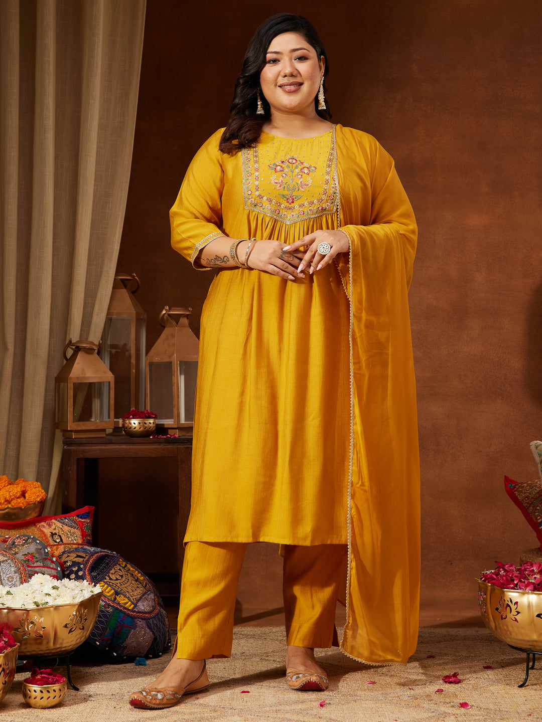 Ninnique Women's Plus Size Mustard Silk Blend Embroidered Straight Kurta Set