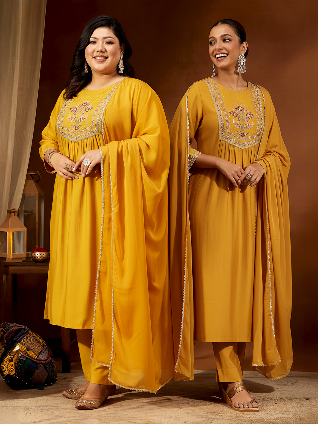 Ninnique Women's Mustard Silk Blend Embroidered Straight Kurta Set