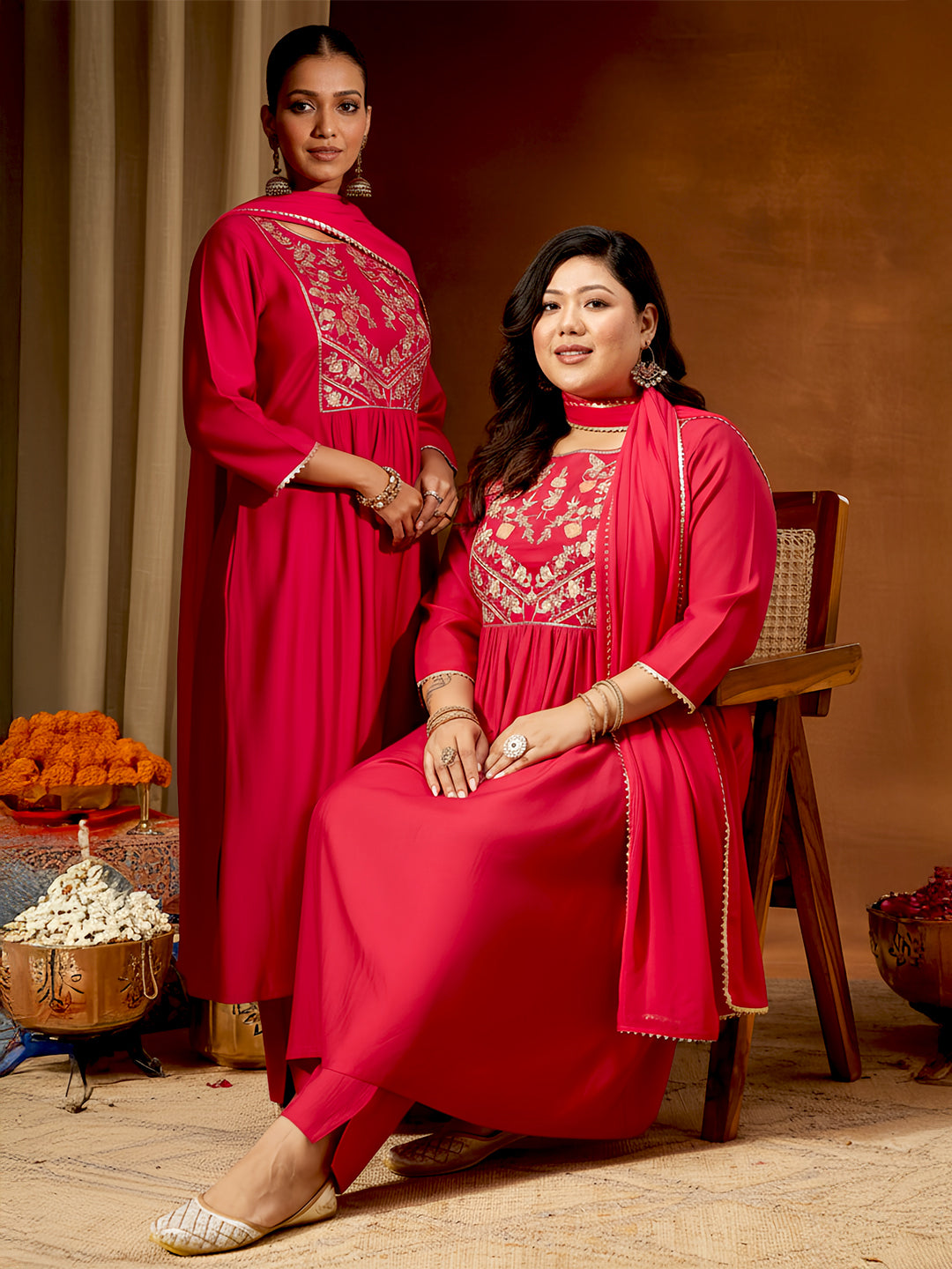 Ninnique Women's Pink Silk Blend Yoke Embroidered A-line Kurta Set