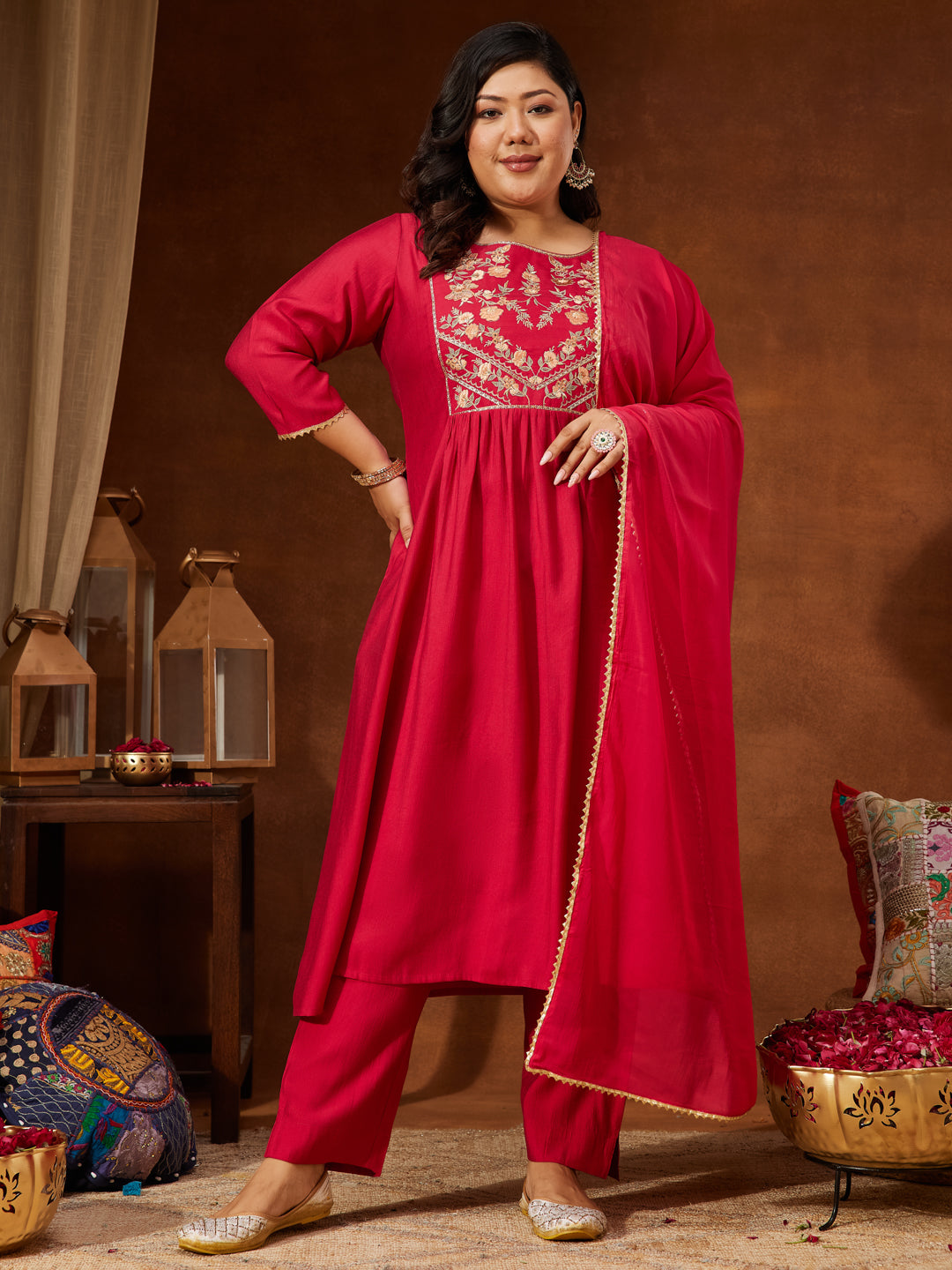 Ninnique Women's Plus Size Pink Silk Blend Yoke Embroidered A-line Kurta Set