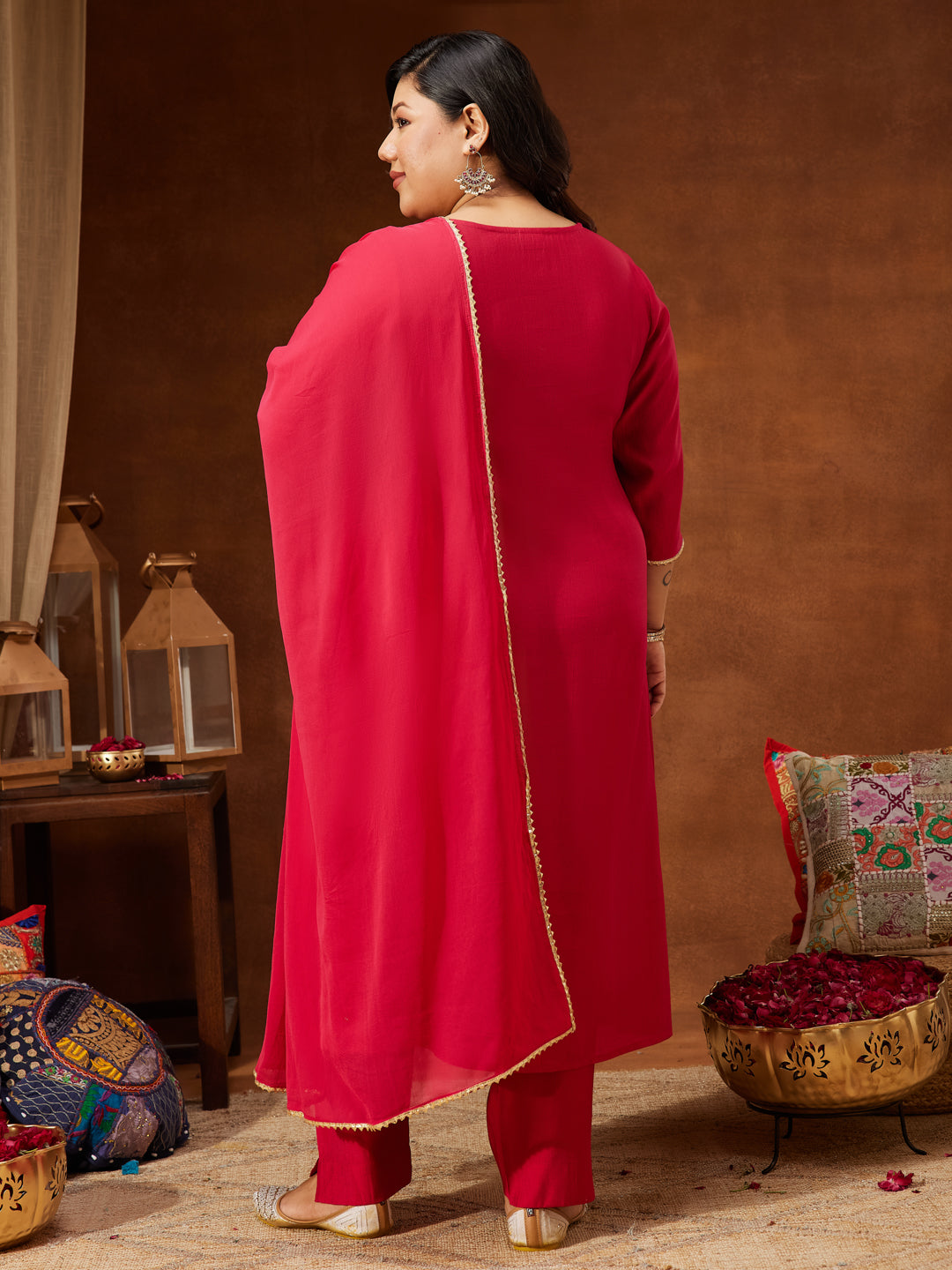 Ninnique Women's Plus Size Pink Silk Blend Yoke Embroidered A-line Kurta Set