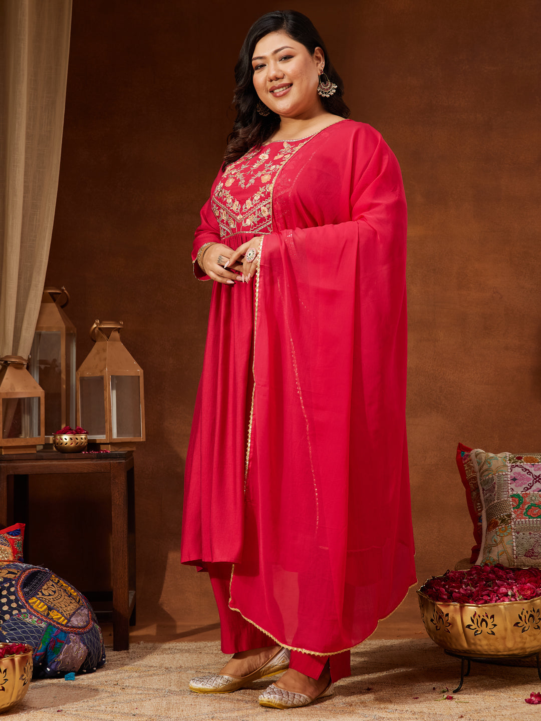 Ninnique Women's Plus Size Pink Silk Blend Yoke Embroidered A-line Kurta Set