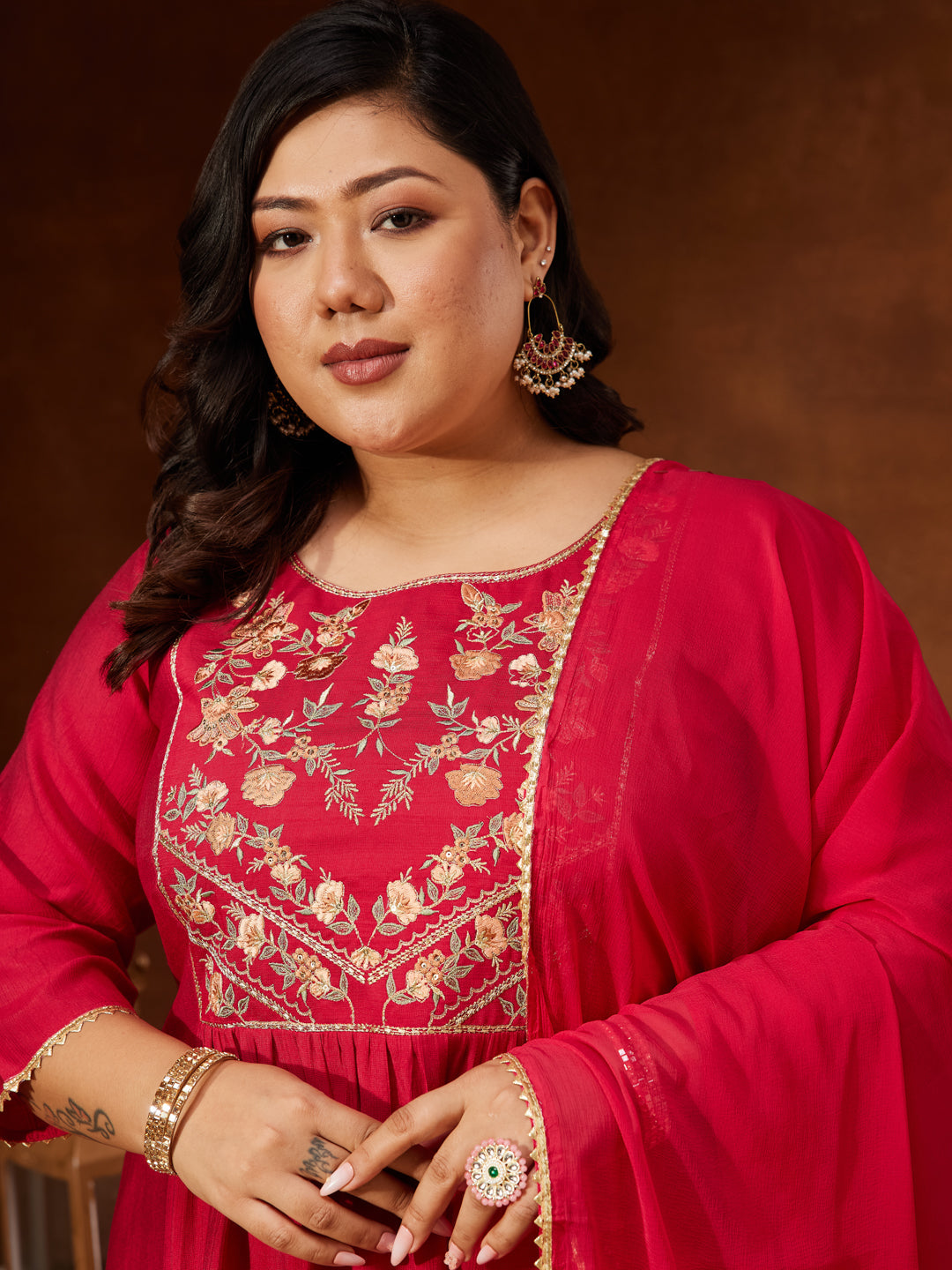 Ninnique Women's Plus Size Pink Silk Blend Yoke Embroidered A-line Kurta Set