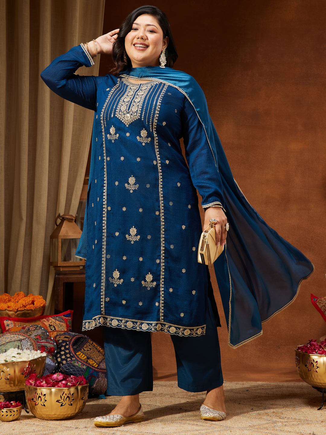 Ninnique Women's Plus Size Teal Blue Silk Blend Zari Embroidered Straight Kurta Set
