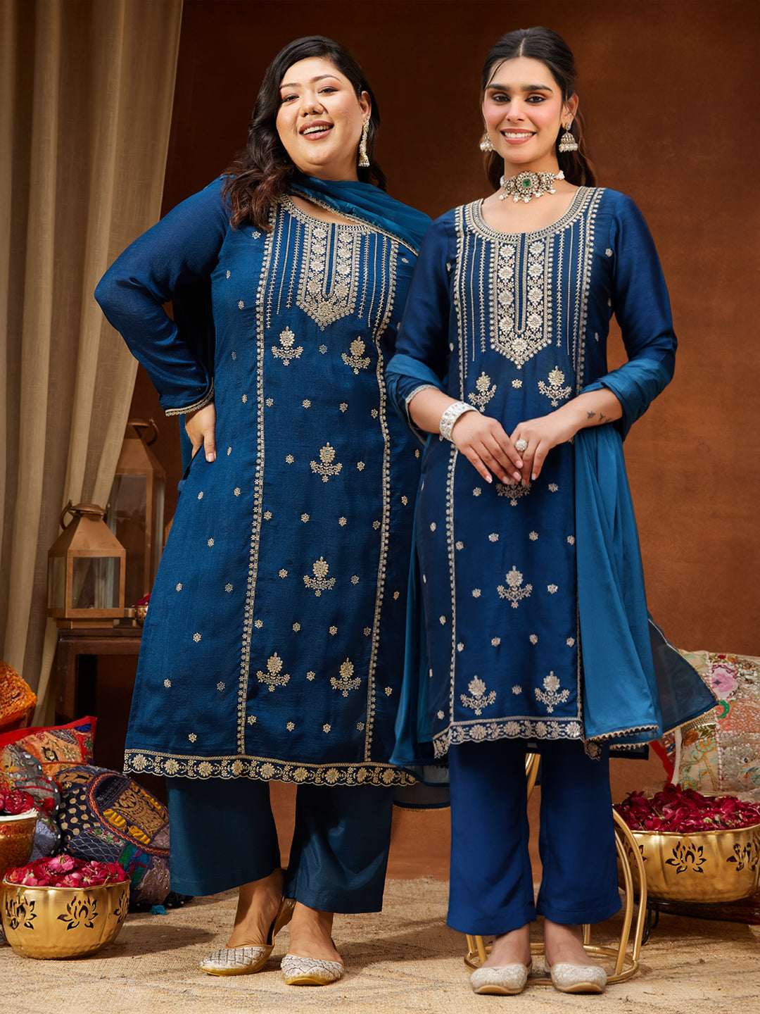 Ninnique Women's Plus Size Teal Blue Silk Blend Zari Embroidered Straight Kurta Set