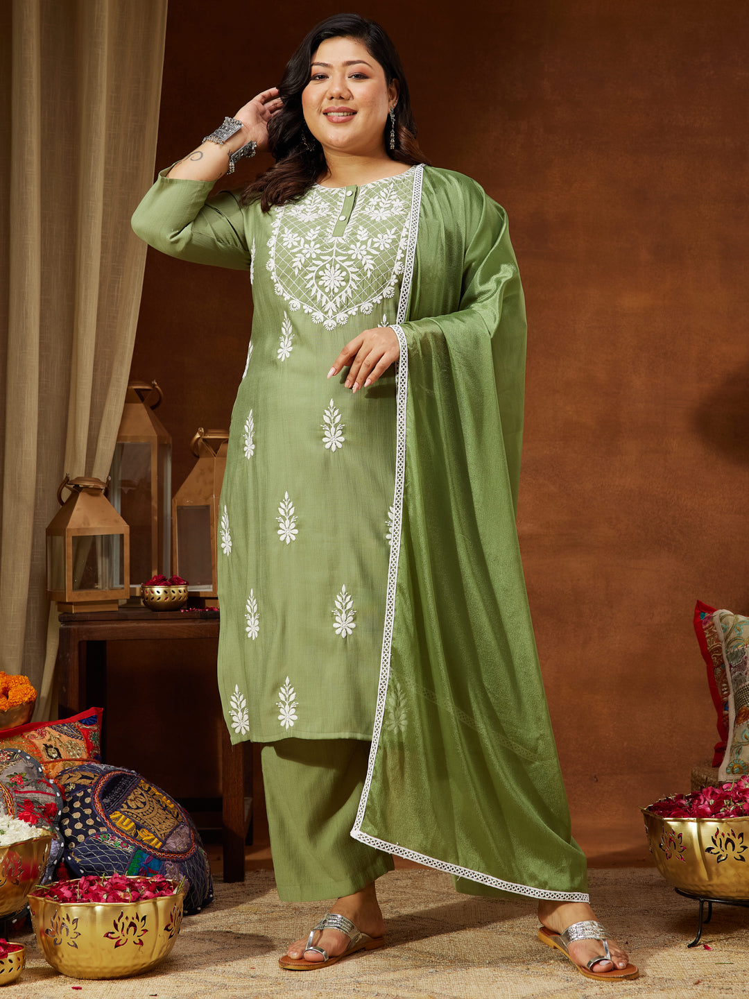 Ninnique Women's Plus Size Sage Green Silk Blend Embroidered Straight Kurta Set
