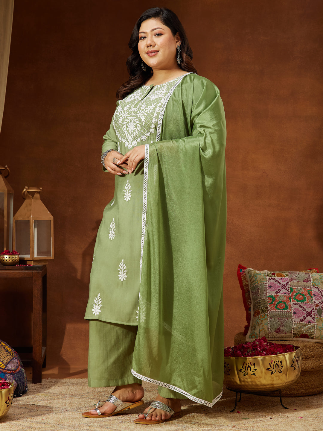 Ninnique Women's Plus Size Sage Green Silk Blend Embroidered Straight Kurta Set