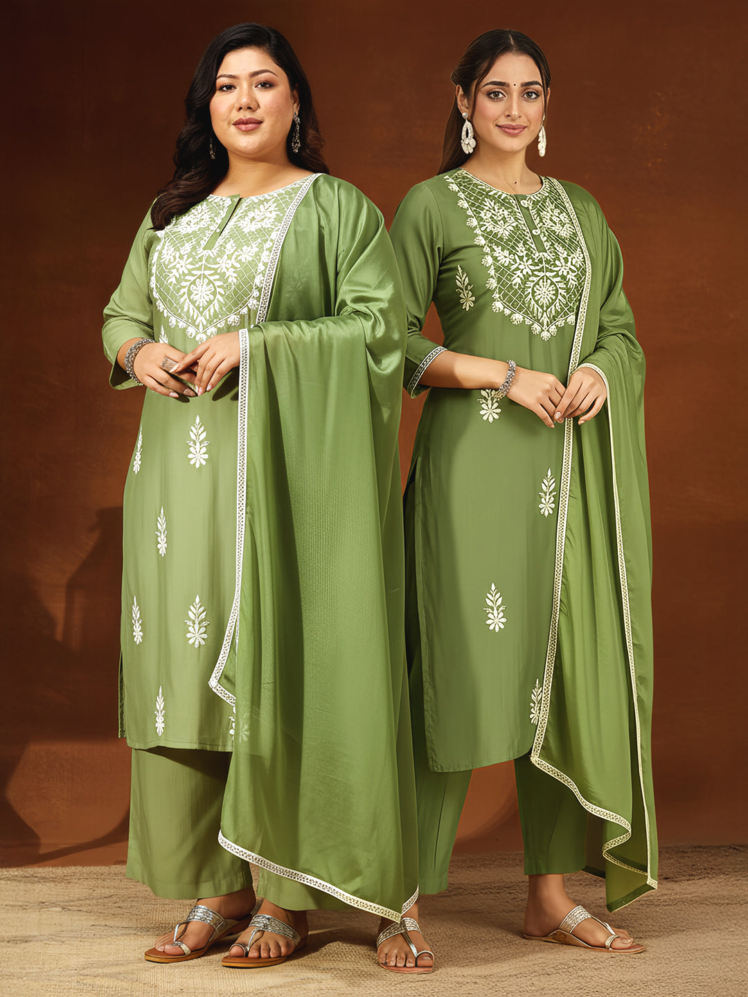 Ninnique Women's Sage Green Silk Blend Embroidered Straight Kurta Set
