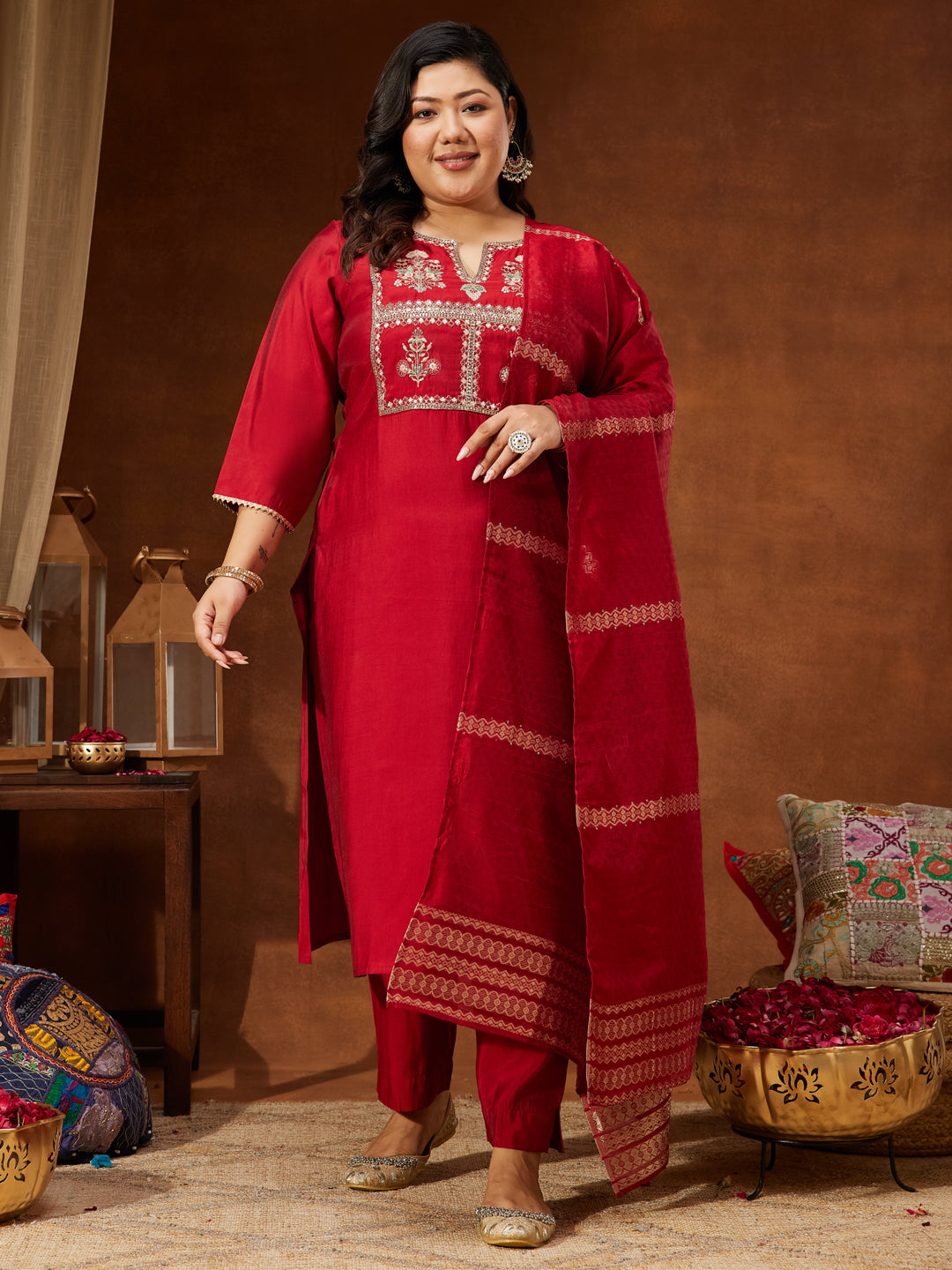Ninnique Women's Maroon Chanderi Silk Yoke Embroidered Straight Kurta Set