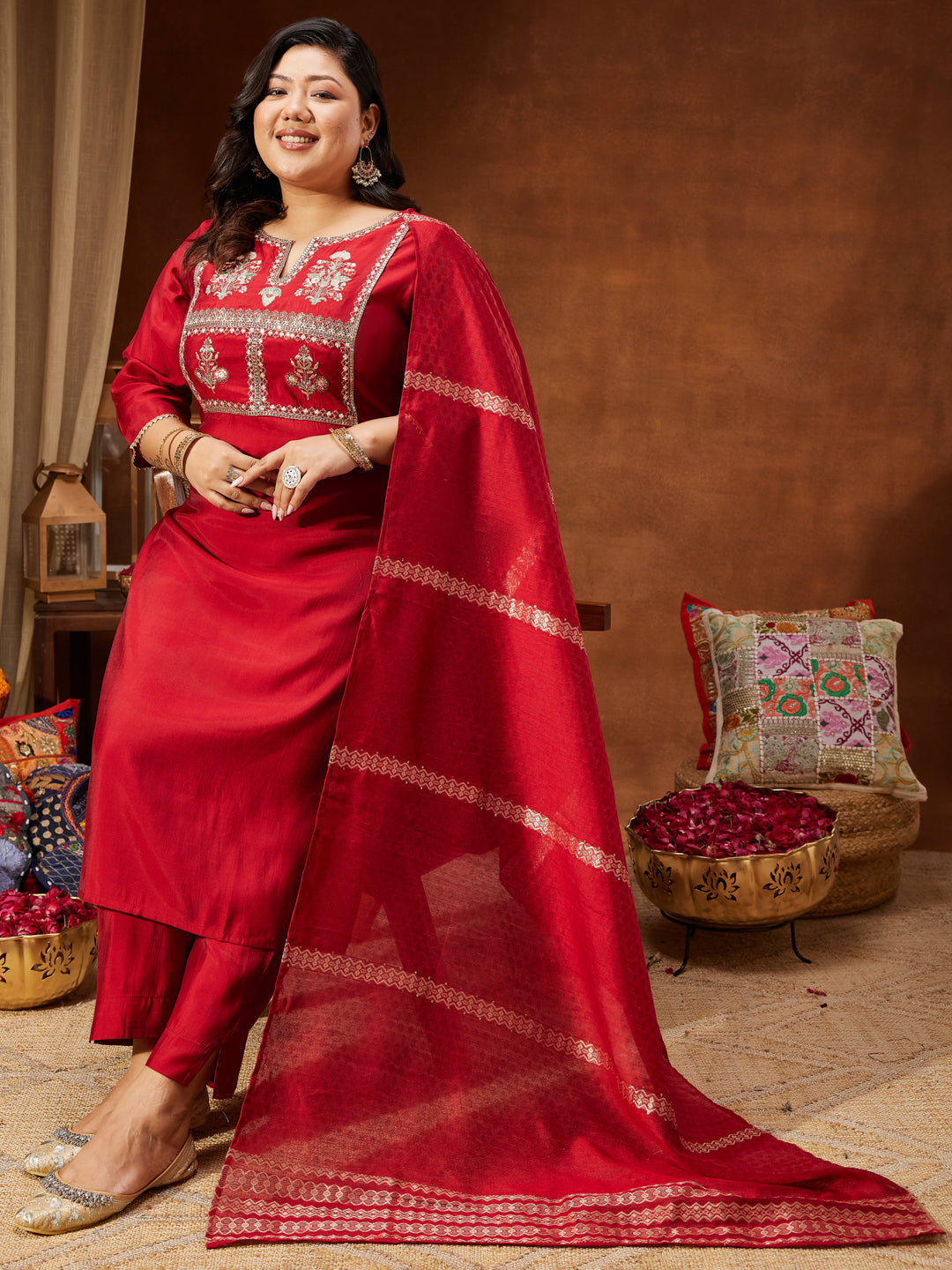 Ninnique Women's Maroon Chanderi Silk Yoke Embroidered Straight Kurta Set